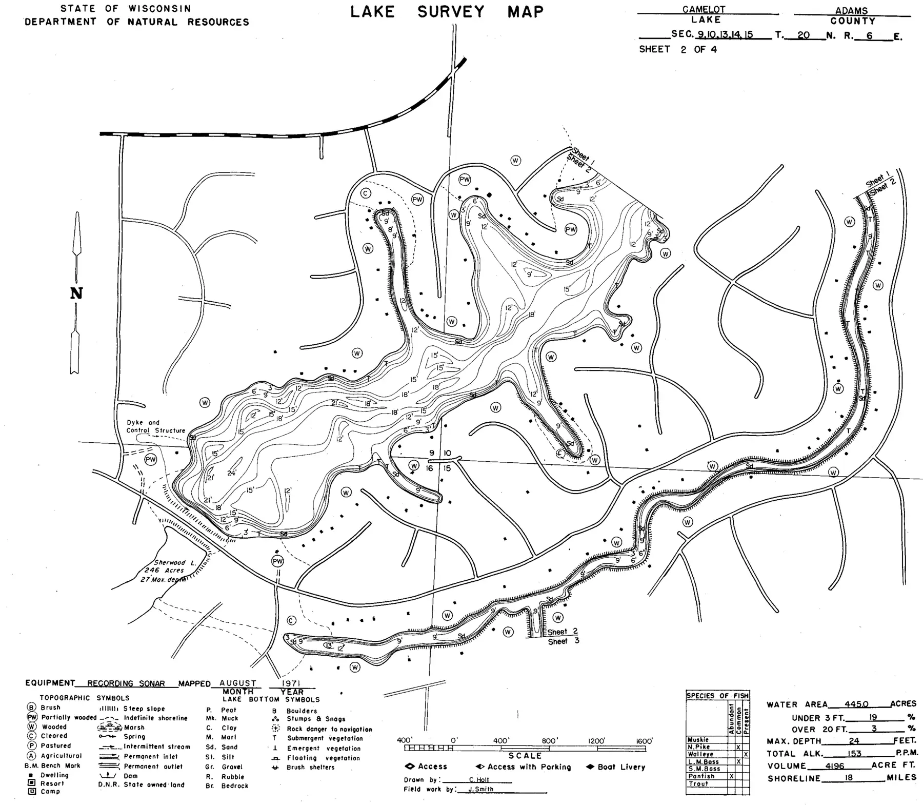 DNR survey map of Camelot Lake, sheet 2 of 4, with depths in feet. Tap to zoom.
