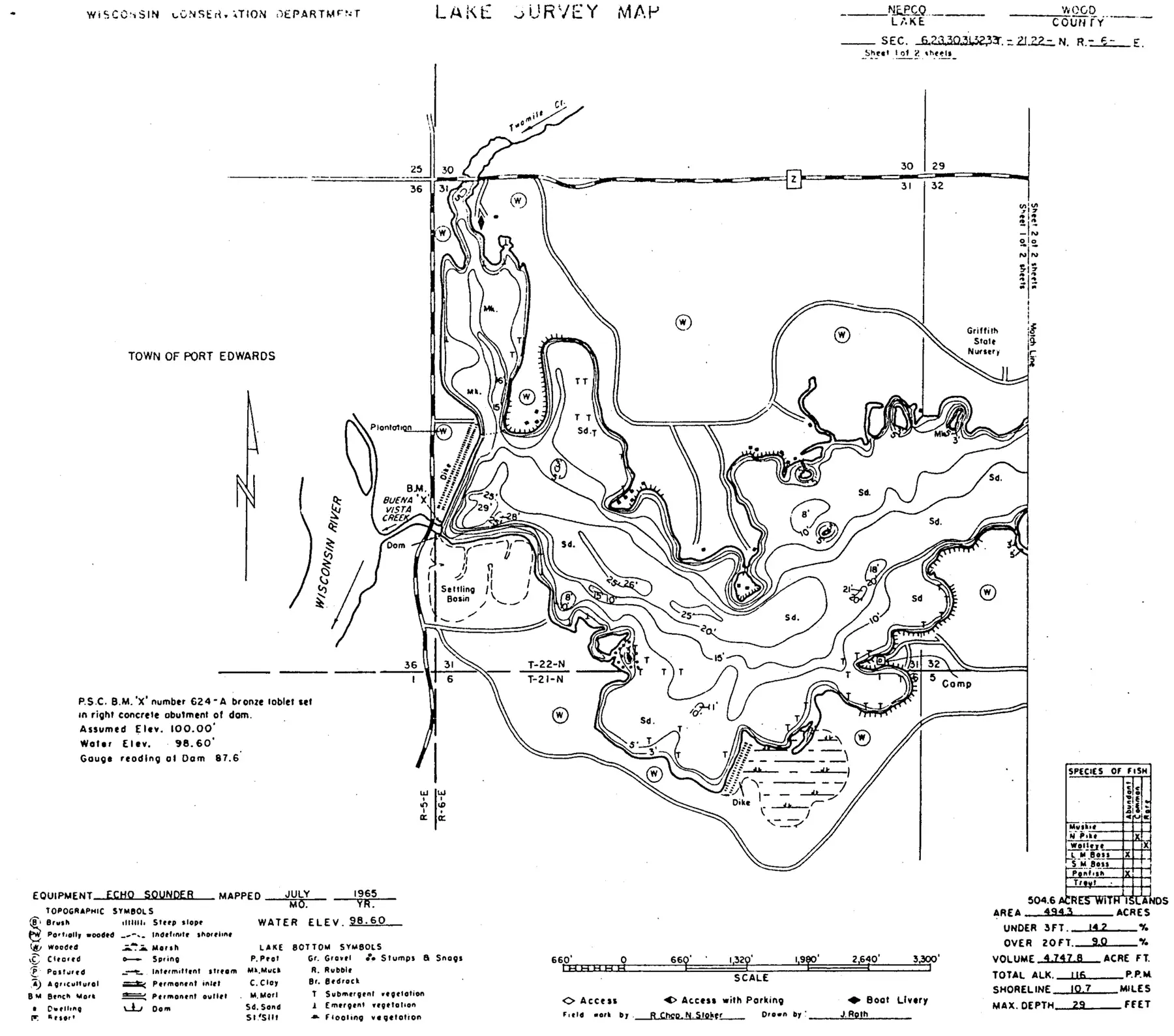 DNR survey map of Nepco Lake, sheet 1 of 2, with depths in feet. Tap to zoom.
