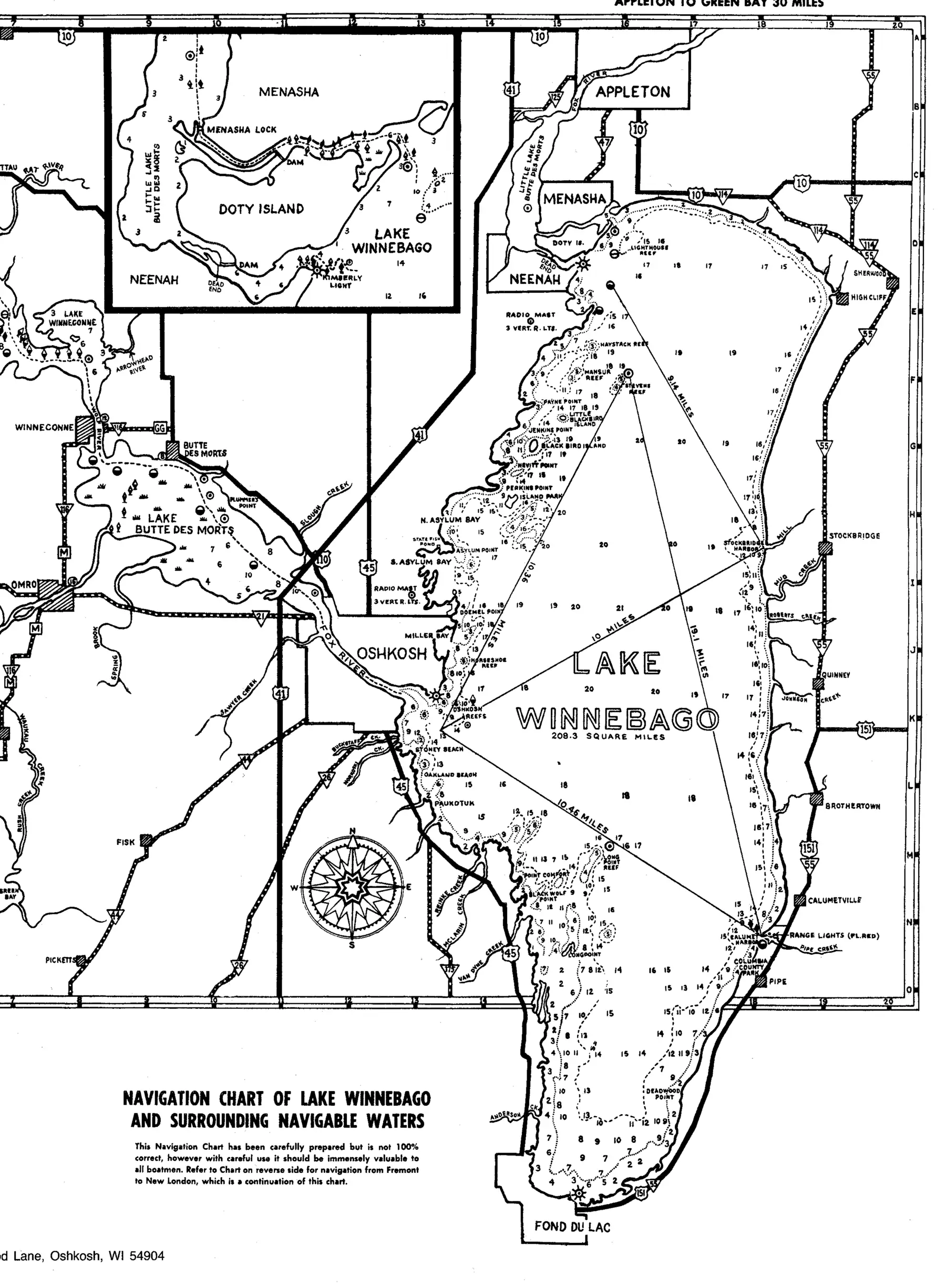 DNR survey map of Lake Butte des Morts, sheet 1 of 2, with depths in feet. Tap to zoom.
