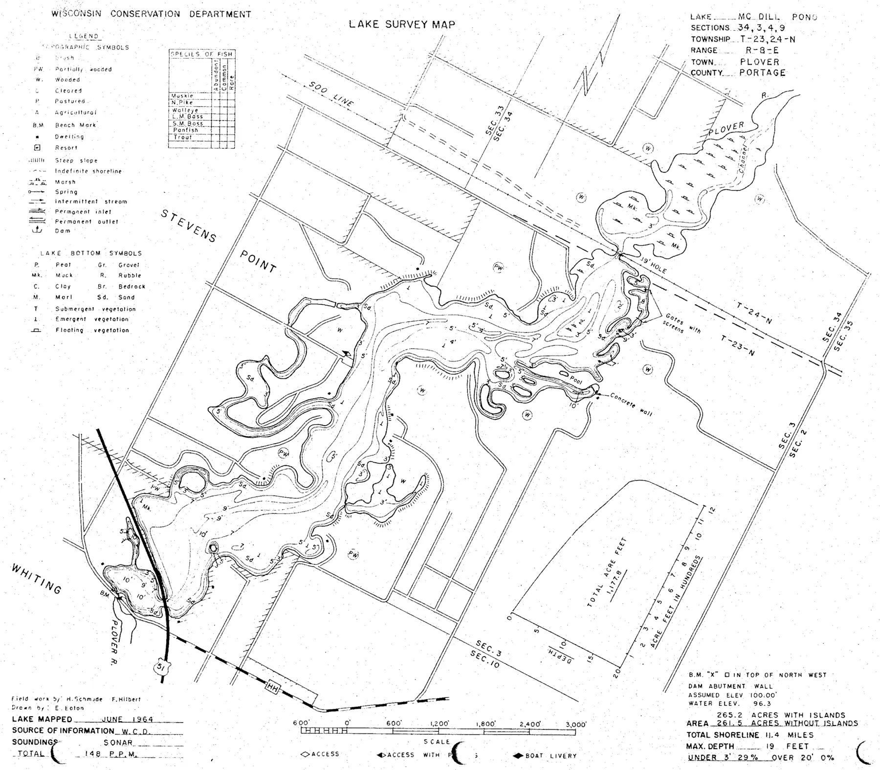 DNR survey map of McDill Pond, with depths in feet. Tap to zoom.