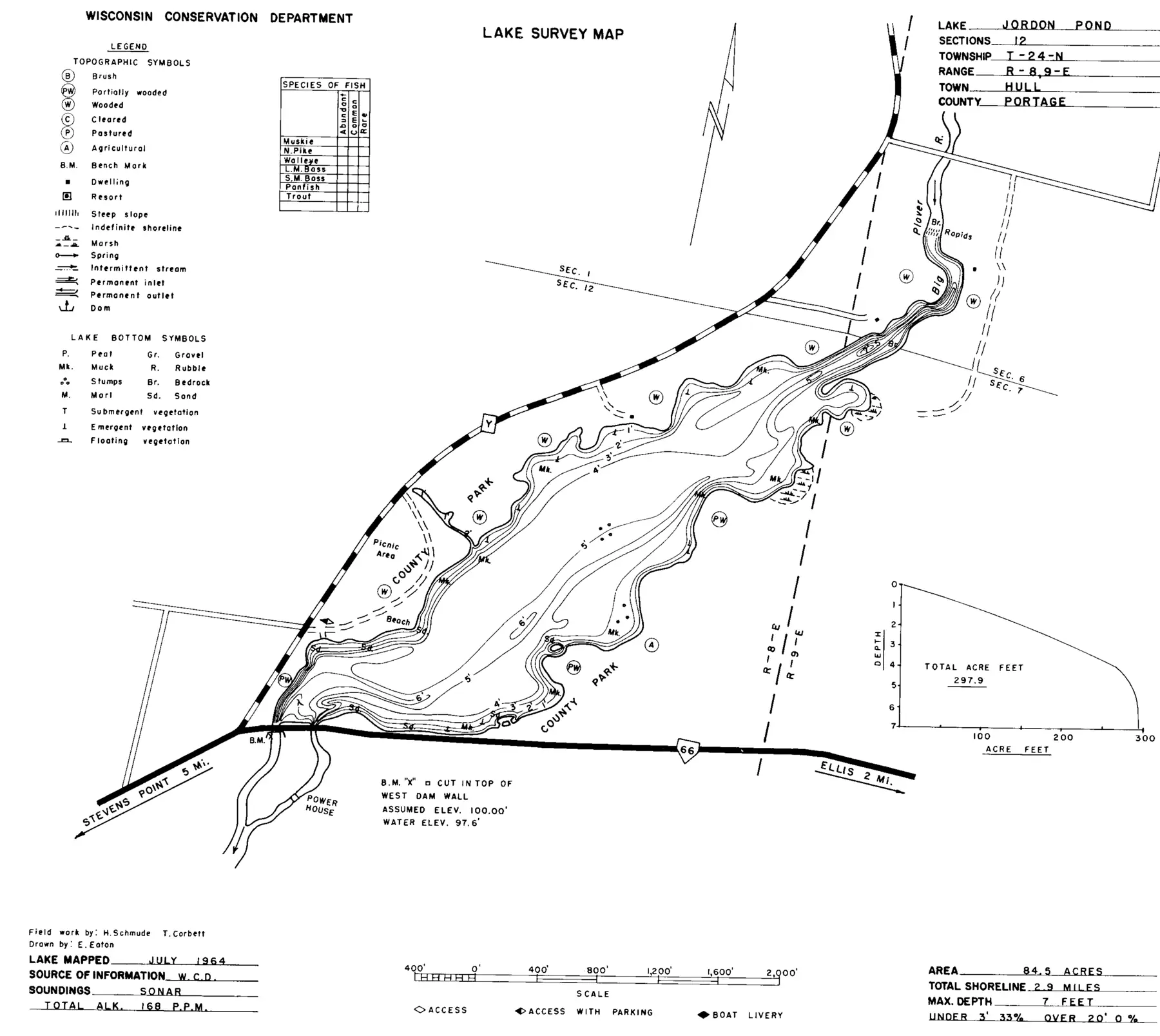 DNR survey map of Jordan Pond, with depths in feet. Tap to zoom.