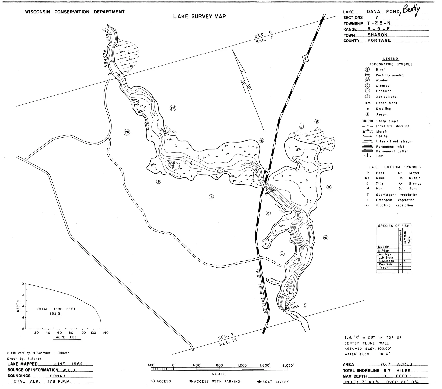 DNR survey map of Bentley Pond (Dana Pond), with depths in feet. Tap to zoom.