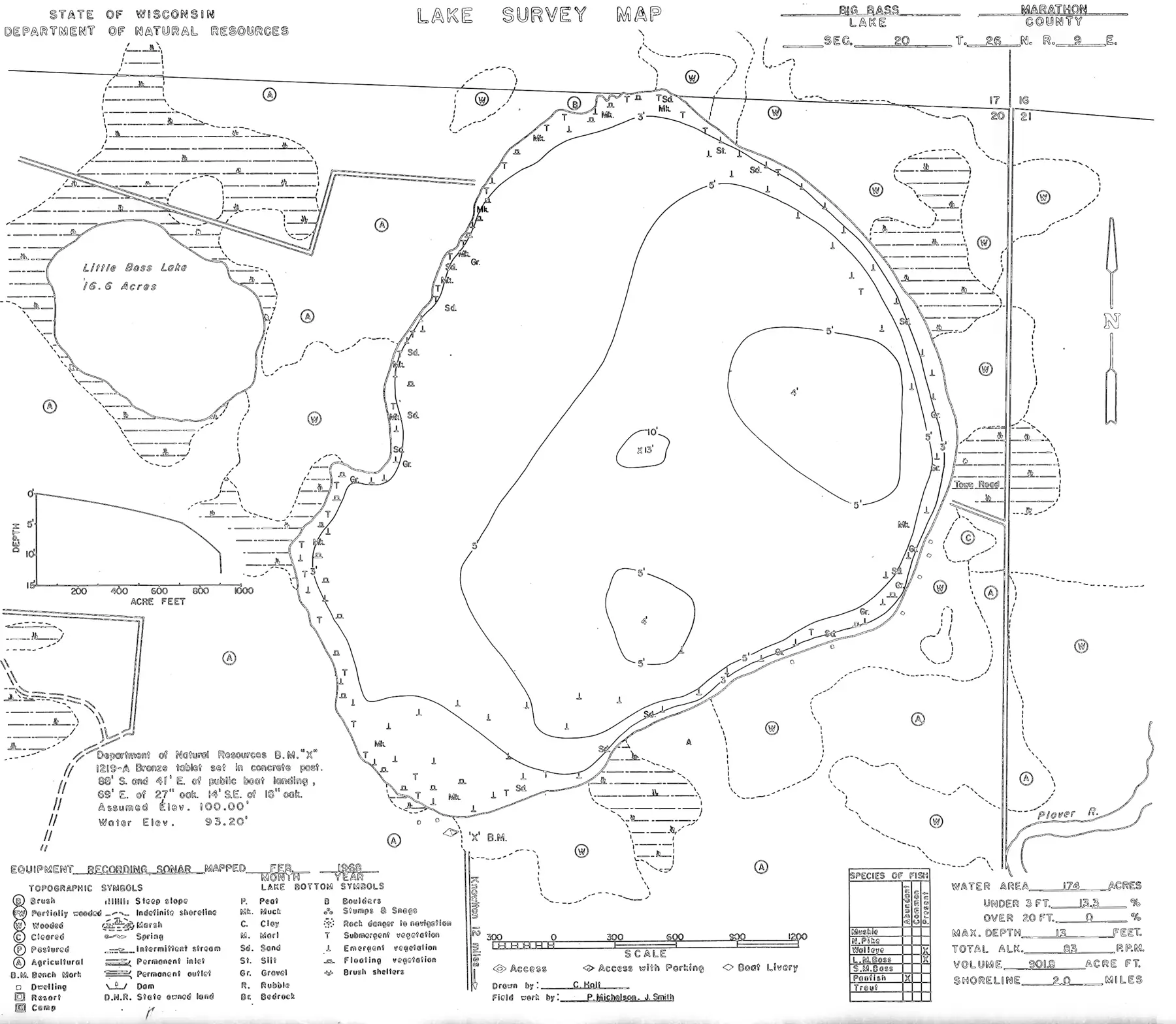 DNR survey map of Big Bass Lake, with depths in feet. Tap to zoom.