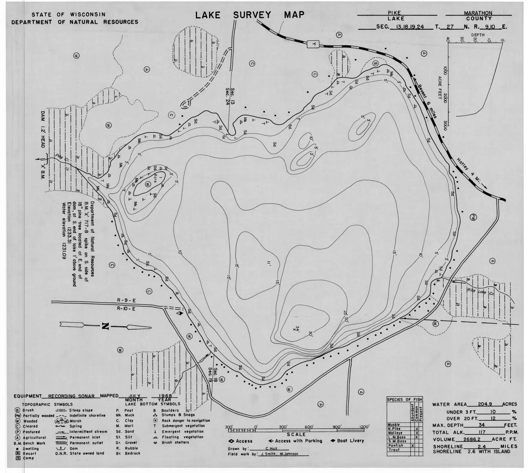 DNR survey map of Pike Lake, sheet 1 of 3, with depths in feet. Tap to zoom.