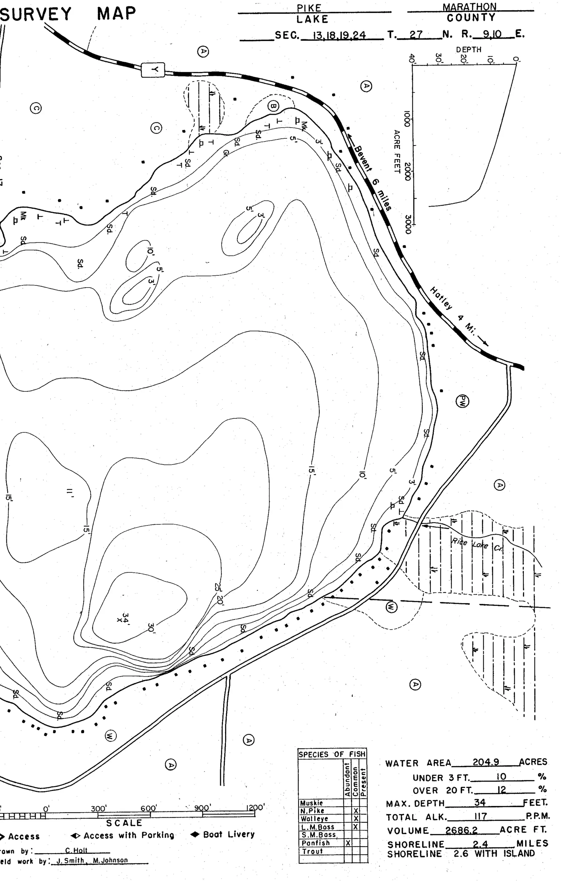 DNR survey map of Pike Lake, sheet 2 of 3, with depths in feet. Tap to zoom.
