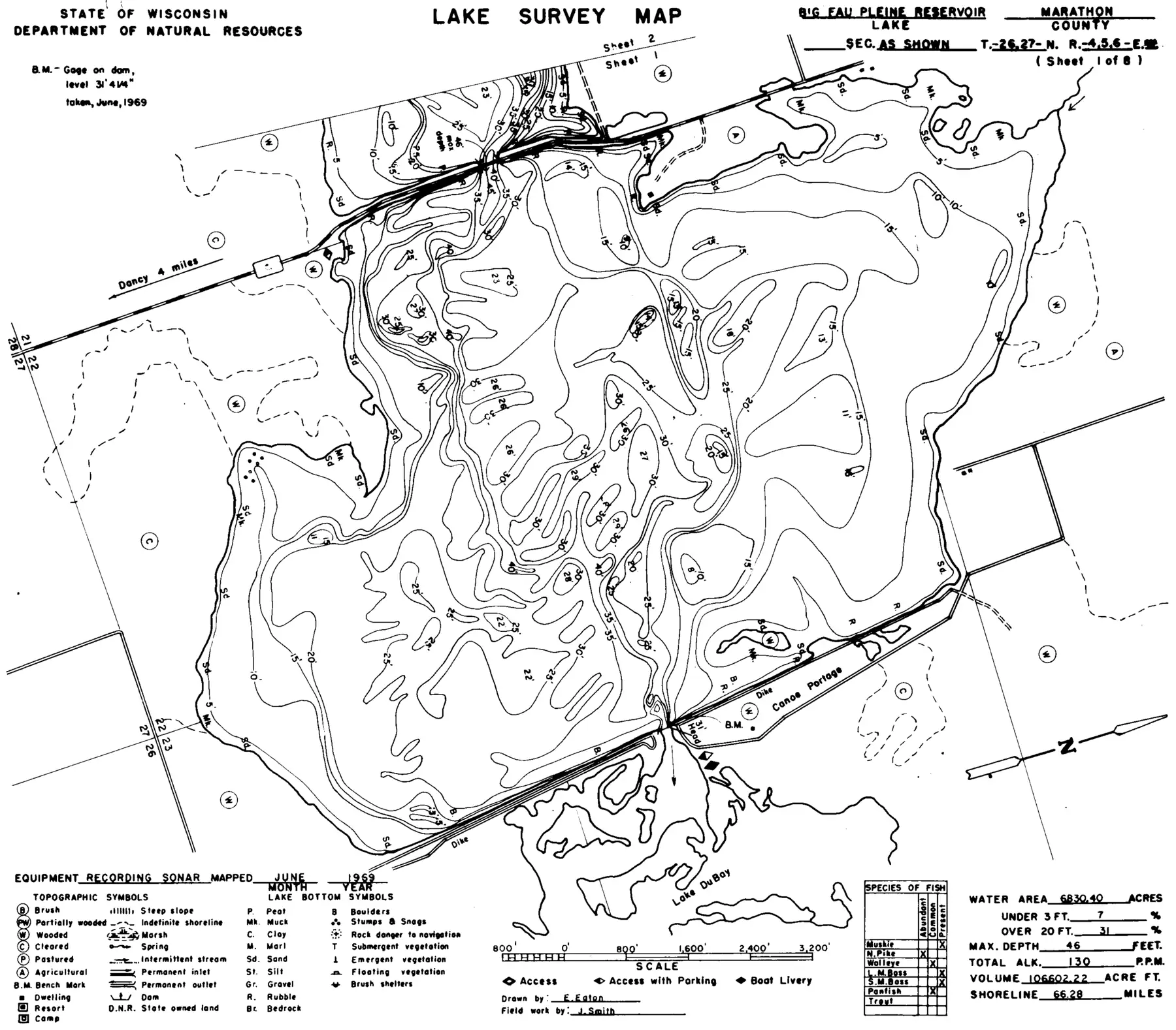 DNR survey map of Big Eau Pleine Reservoir, sheet 1 of 8, with depths in feet. Tap to zoom.