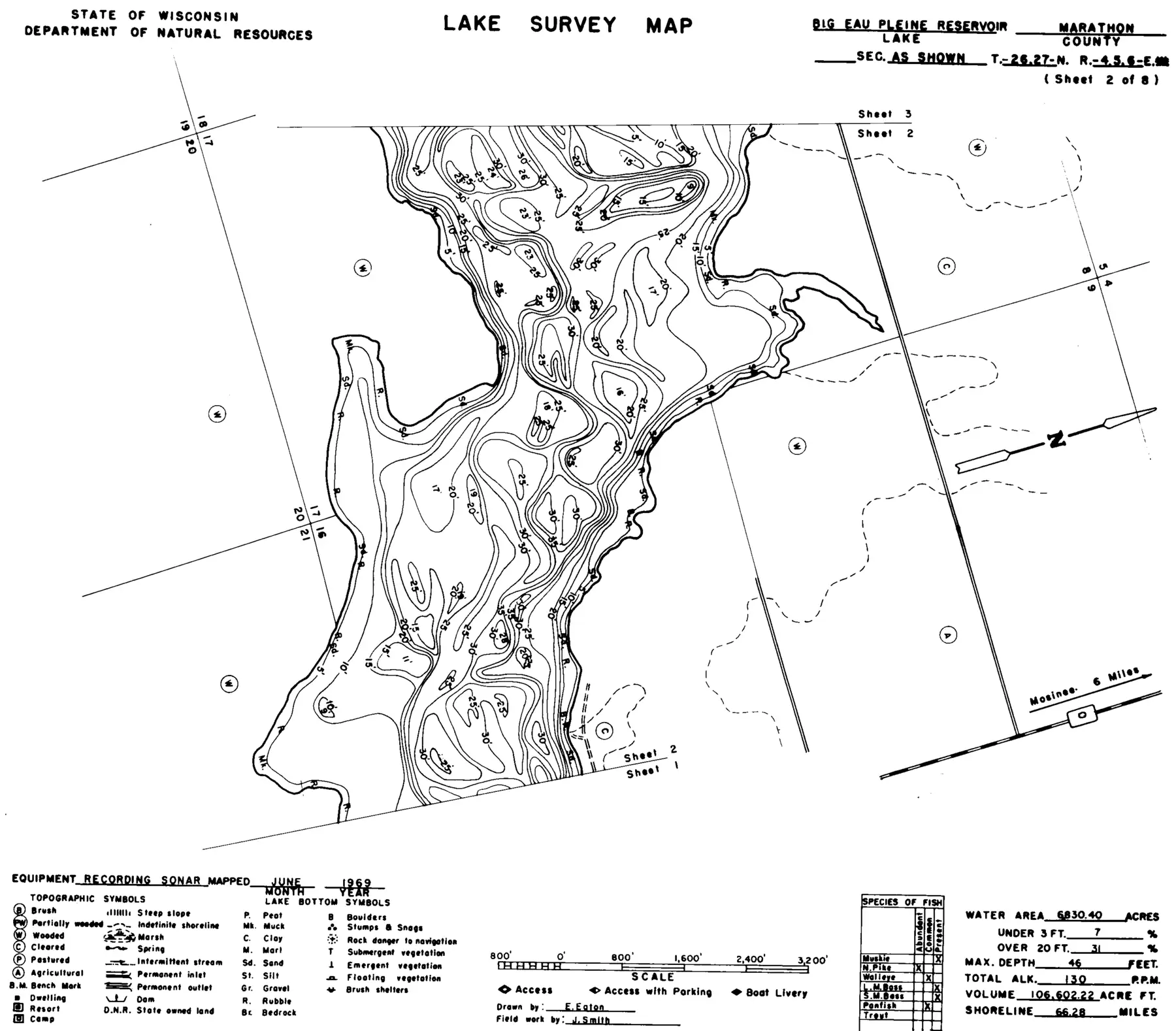 DNR survey map of Big Eau Pleine Reservoir, sheet 2 of 8, with depths in feet. Tap to zoom.