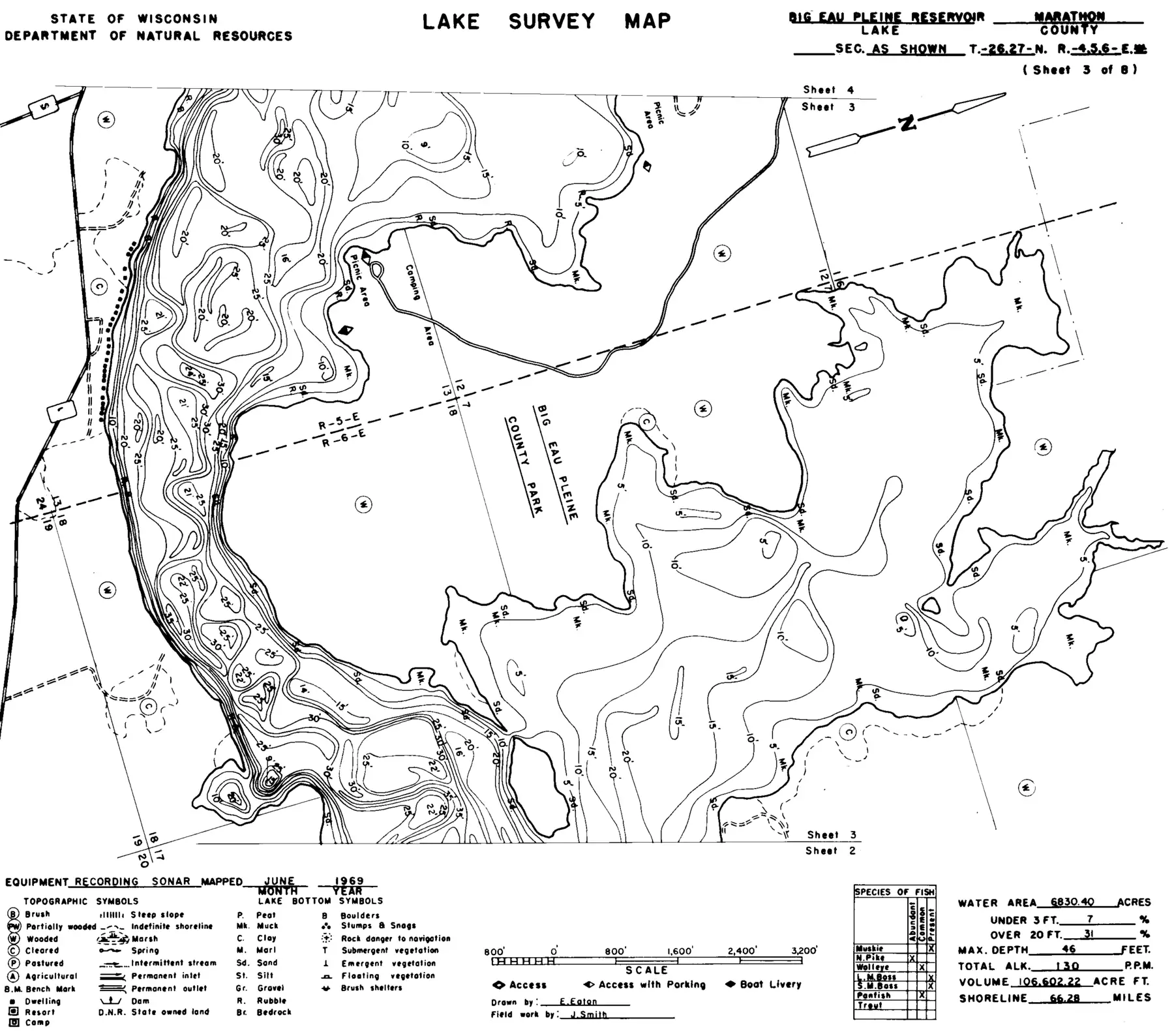DNR survey map of Big Eau Pleine Reservoir, sheet 3 of 8. Tap to zoom.