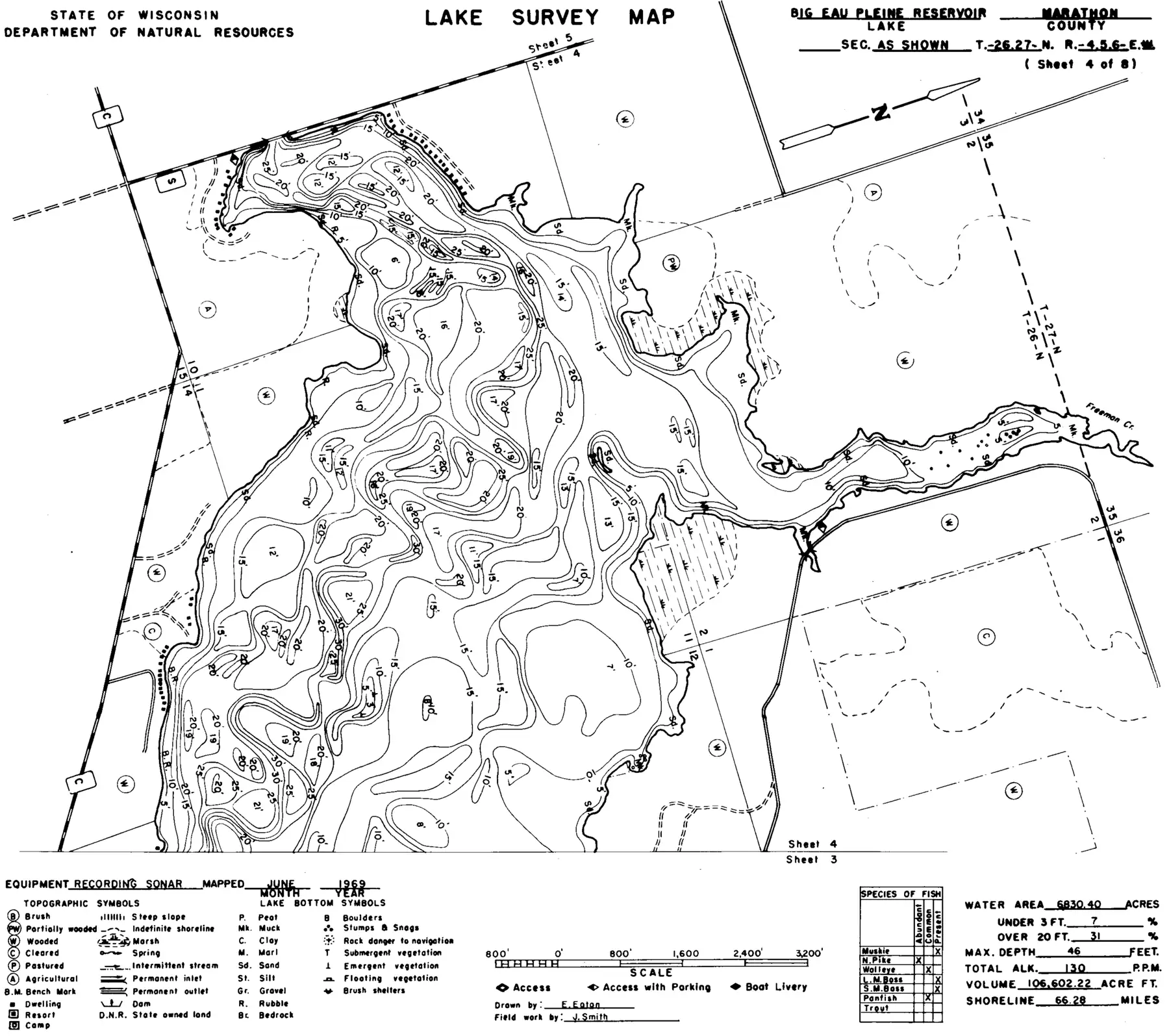 DNR survey map of Big Eau Pleine Reservoir, sheet 4 of 8. Tap to zoom.