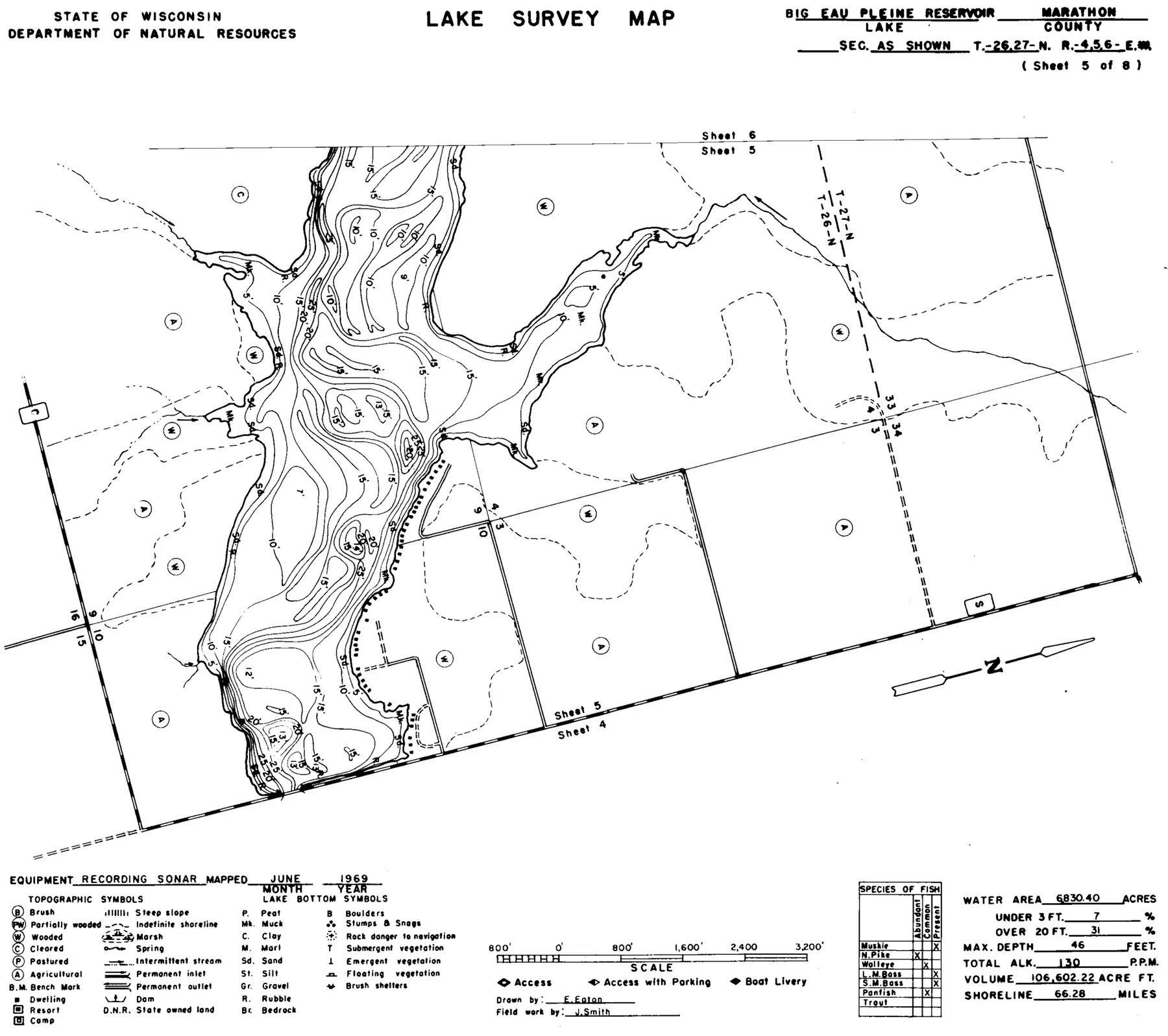 DNR survey map of Big Eau Pleine Reservoir, sheet 5 of 8. Tap to zoom.