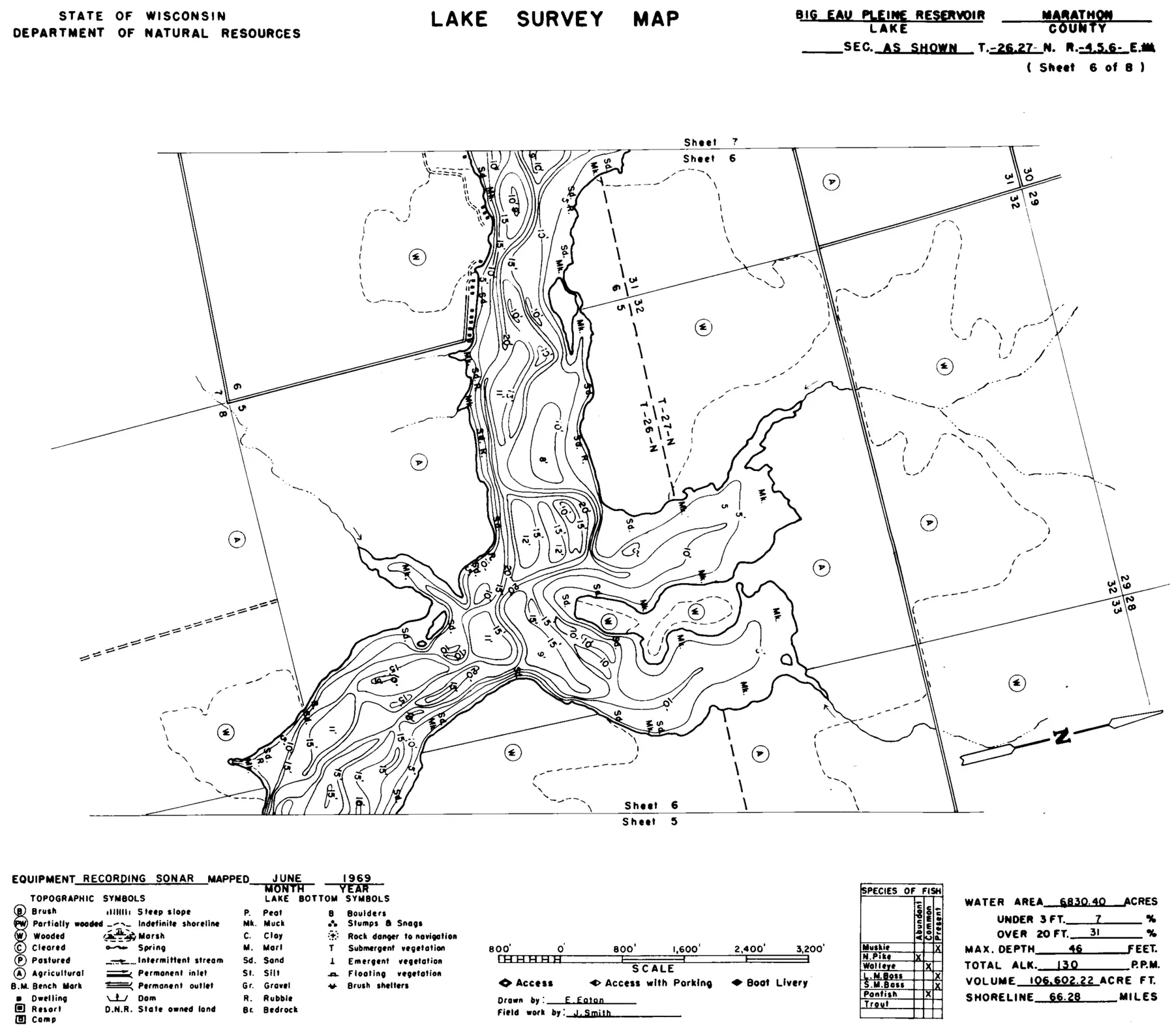 DNR survey map of Big Eau Pleine Reservoir, sheet 6 of 8. Tap to zoom.