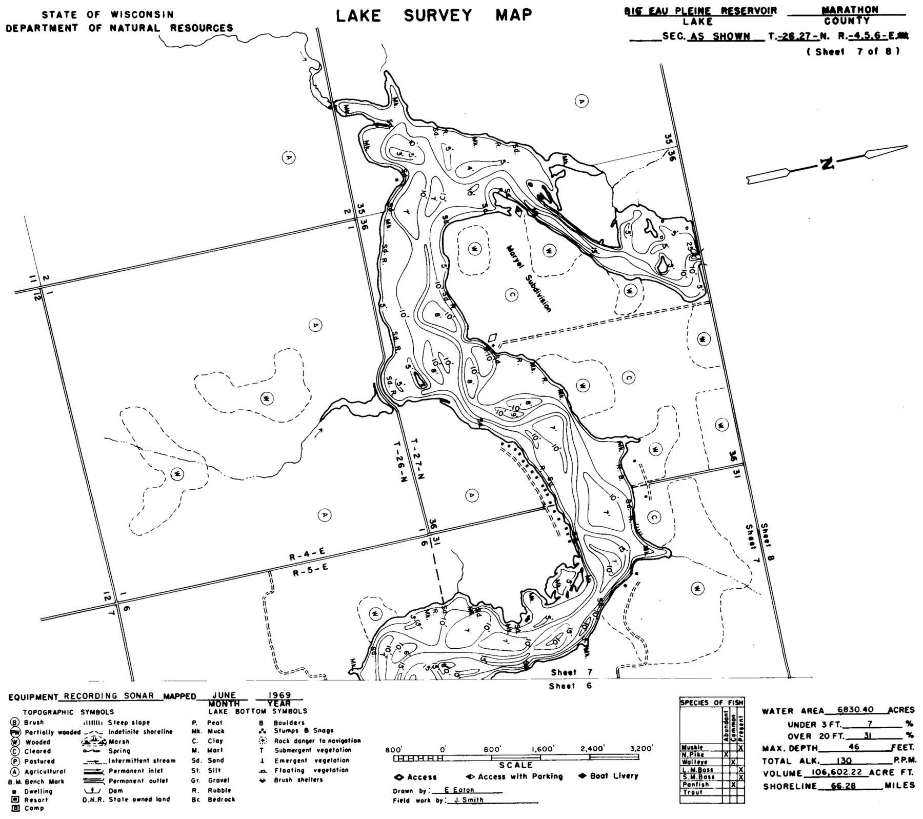 DNR survey map of Big Eau Pleine Reservoir, sheet 7 of 8. Tap to zoom.