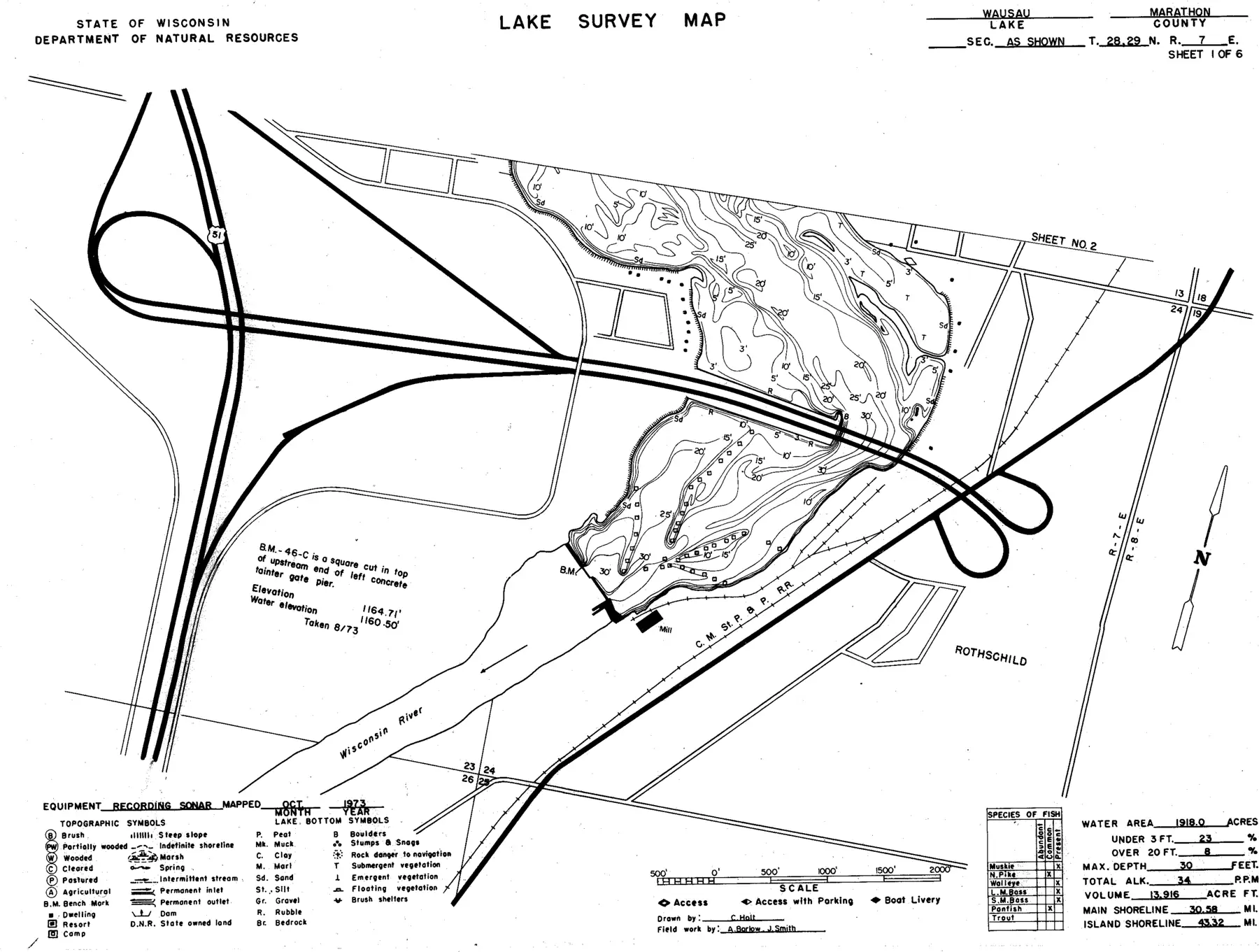 DNR survey map of Lake Wausau, sheet 1 of 6, with depths in feet. Tap to zoom.