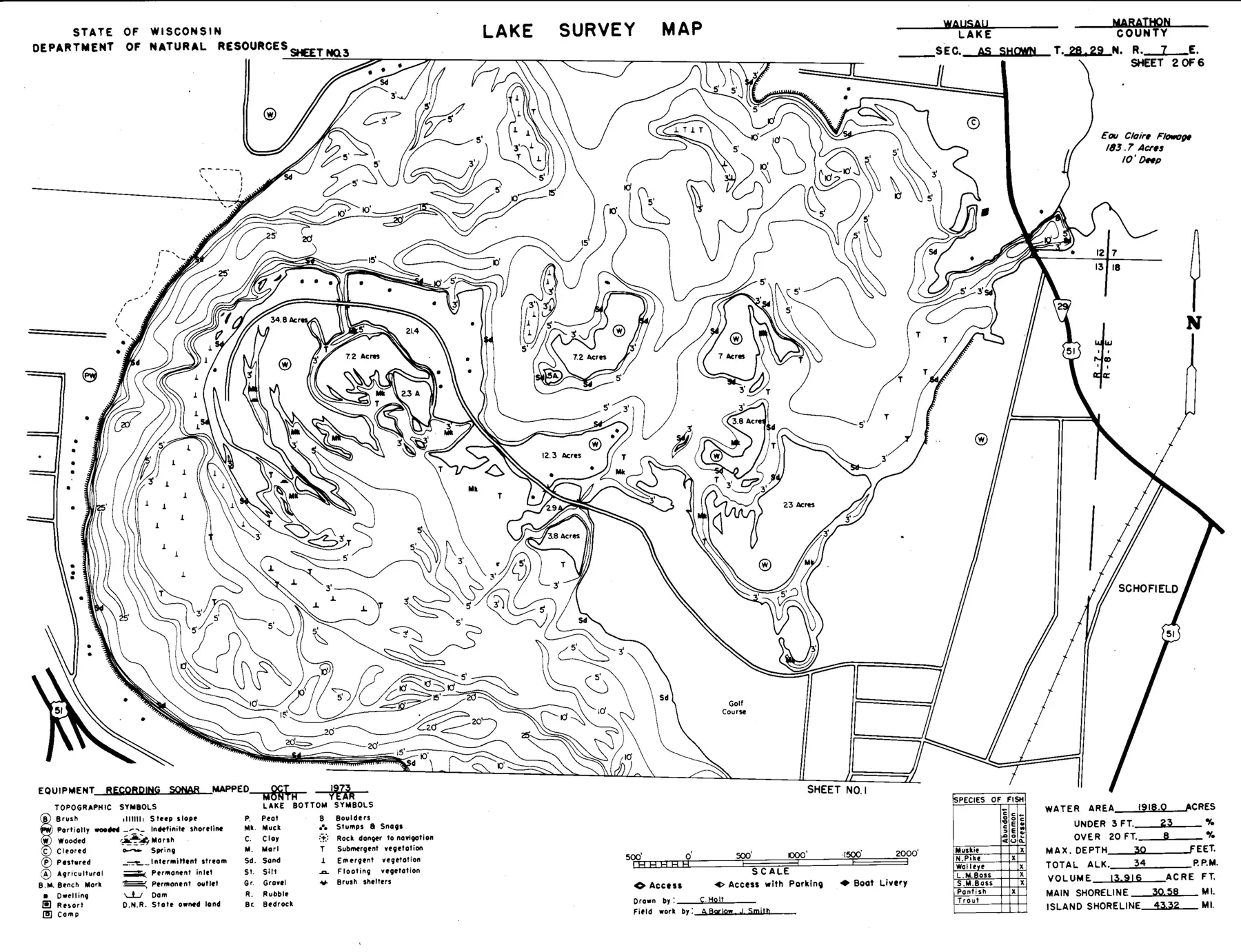 DNR survey map of Lake Wausau, sheet 2 of 6, with depths in feet. Tap to zoom.