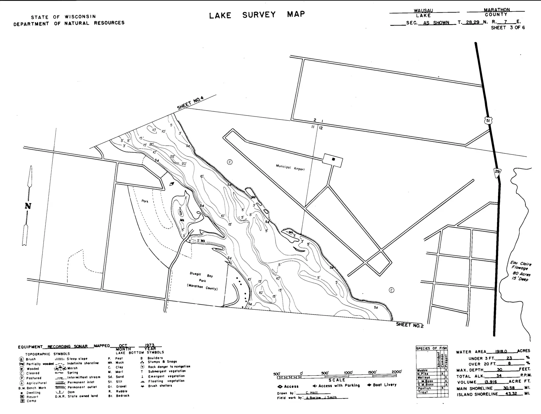 DNR survey map of Lake Wausau, sheet 3 of 6. Tap to zoom.