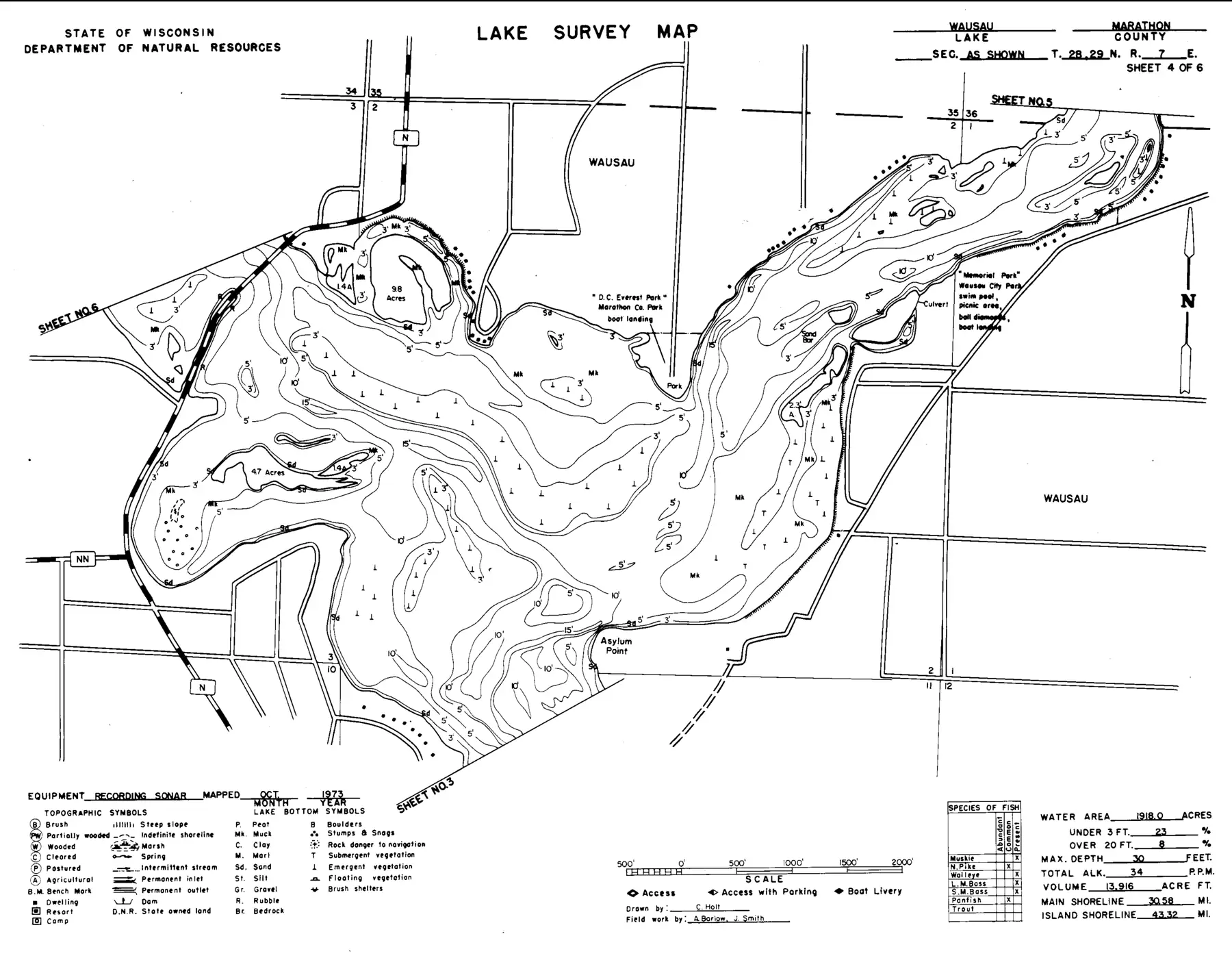 DNR survey map of Lake Wausau, sheet 4 of 6. Tap to zoom.