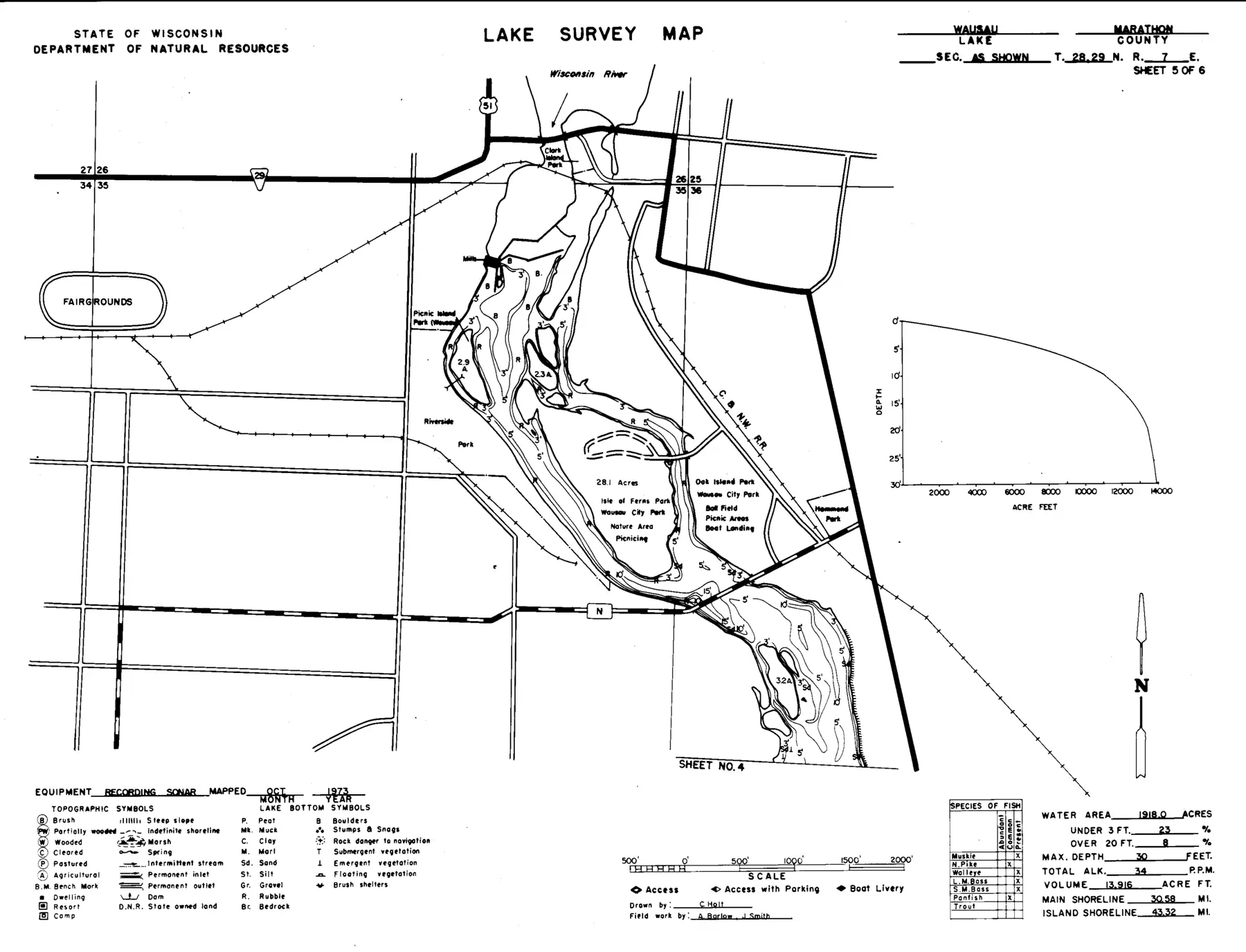 DNR survey map of Lake Wausau, sheet 5 of 6. Tap to zoom.
