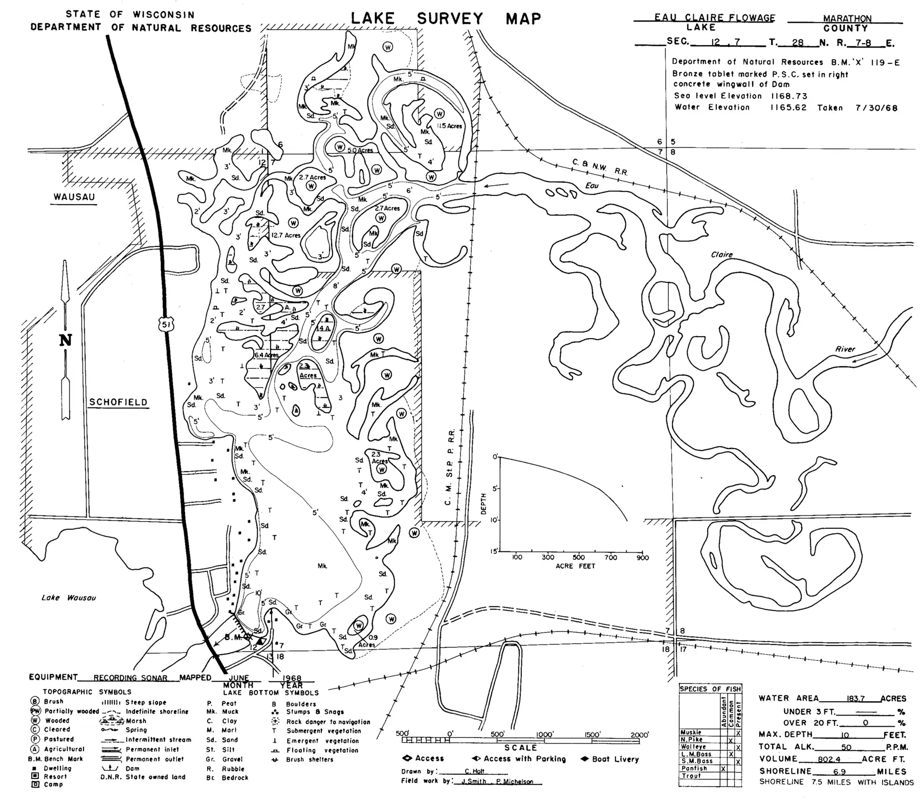 DNR survey map of Eau Claire Flowage (Schofield), with depths in feet. Tap to zoom.