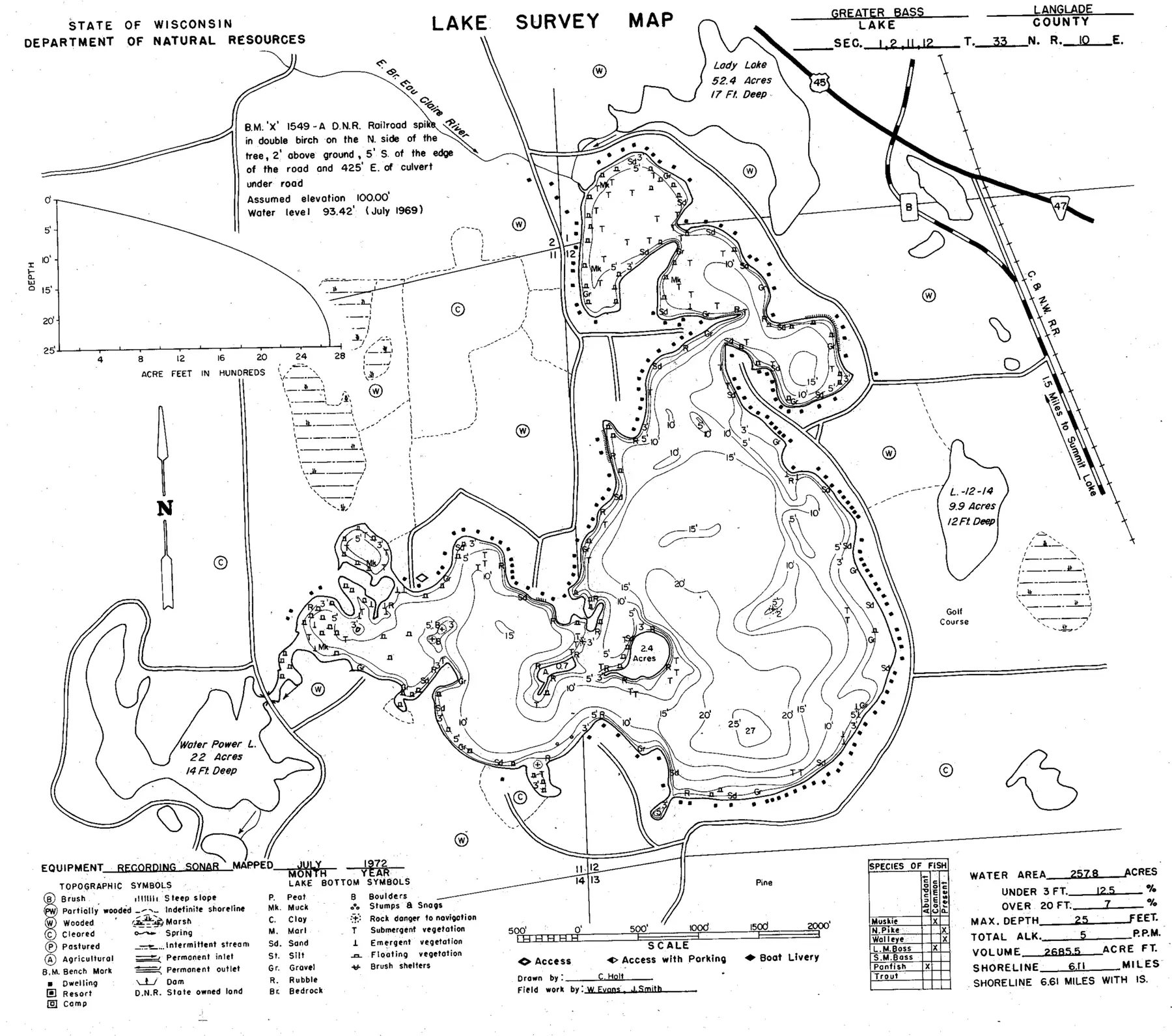 DNR survey map of Greater Bass Lake, with depths in feet. Tap to zoom.