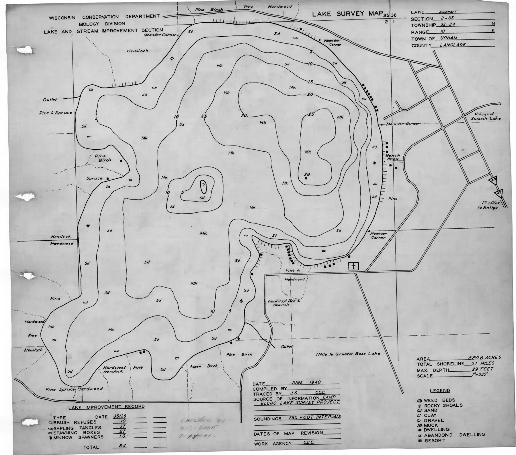 DNR survey map of Summit Lake, sheet 1 of 3, with depths in feet. Tap to zoom.