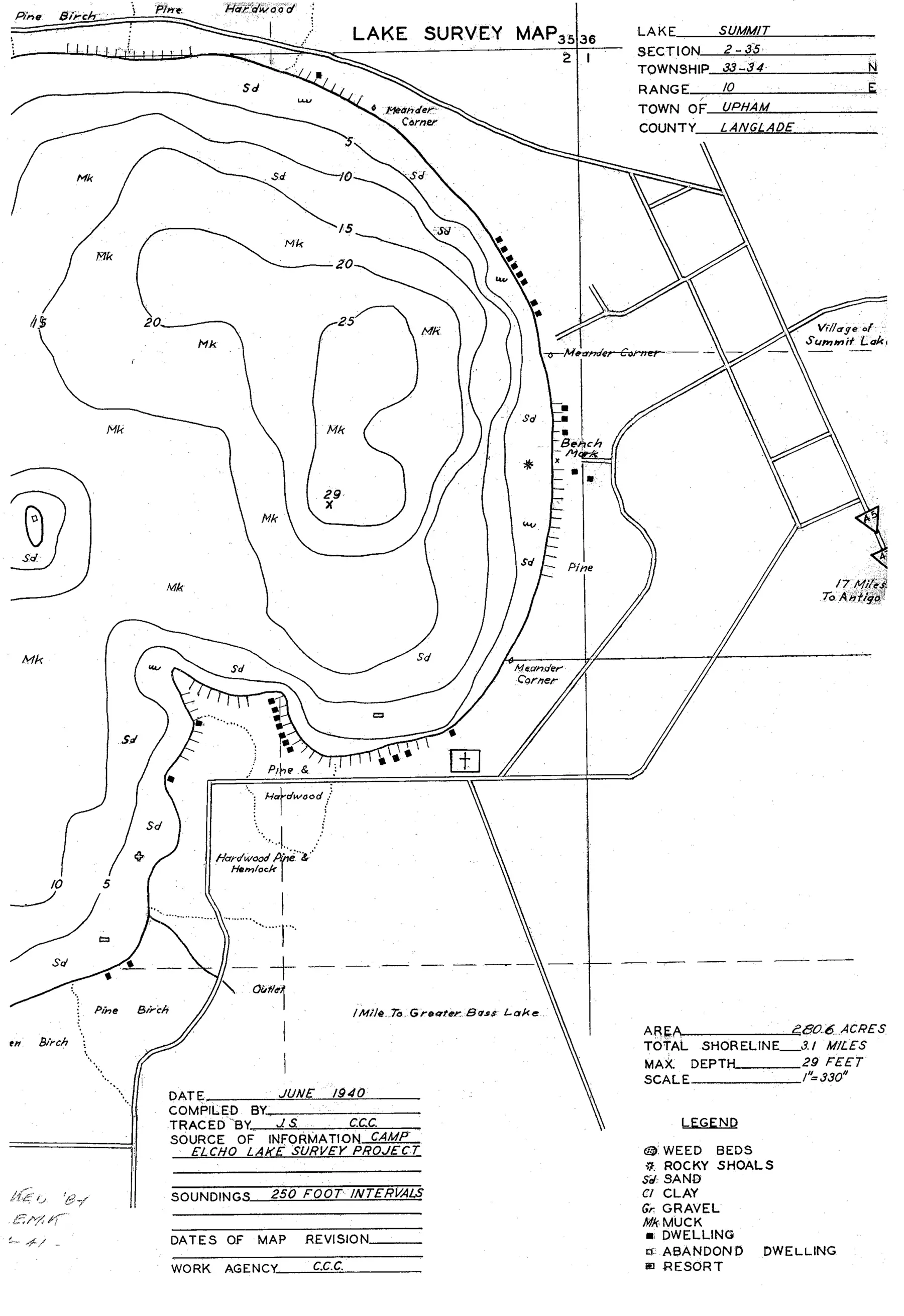 DNR survey map of Summit Lake, sheet 2 of 3, with depths in feet. Tap to zoom.