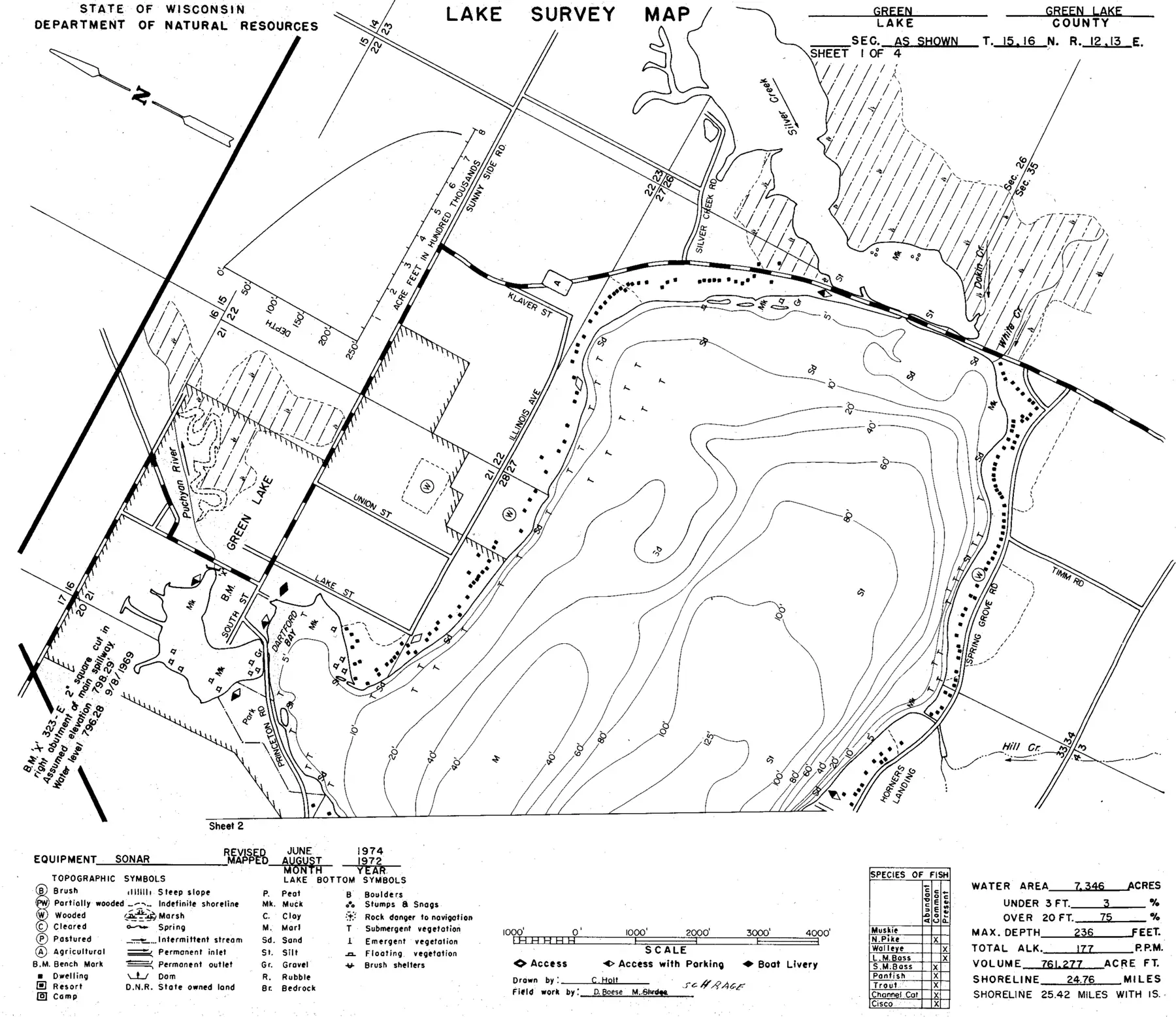 DNR survey map of Green Lake, sheet 1 of 4, with depths in feet. Tap to zoom.