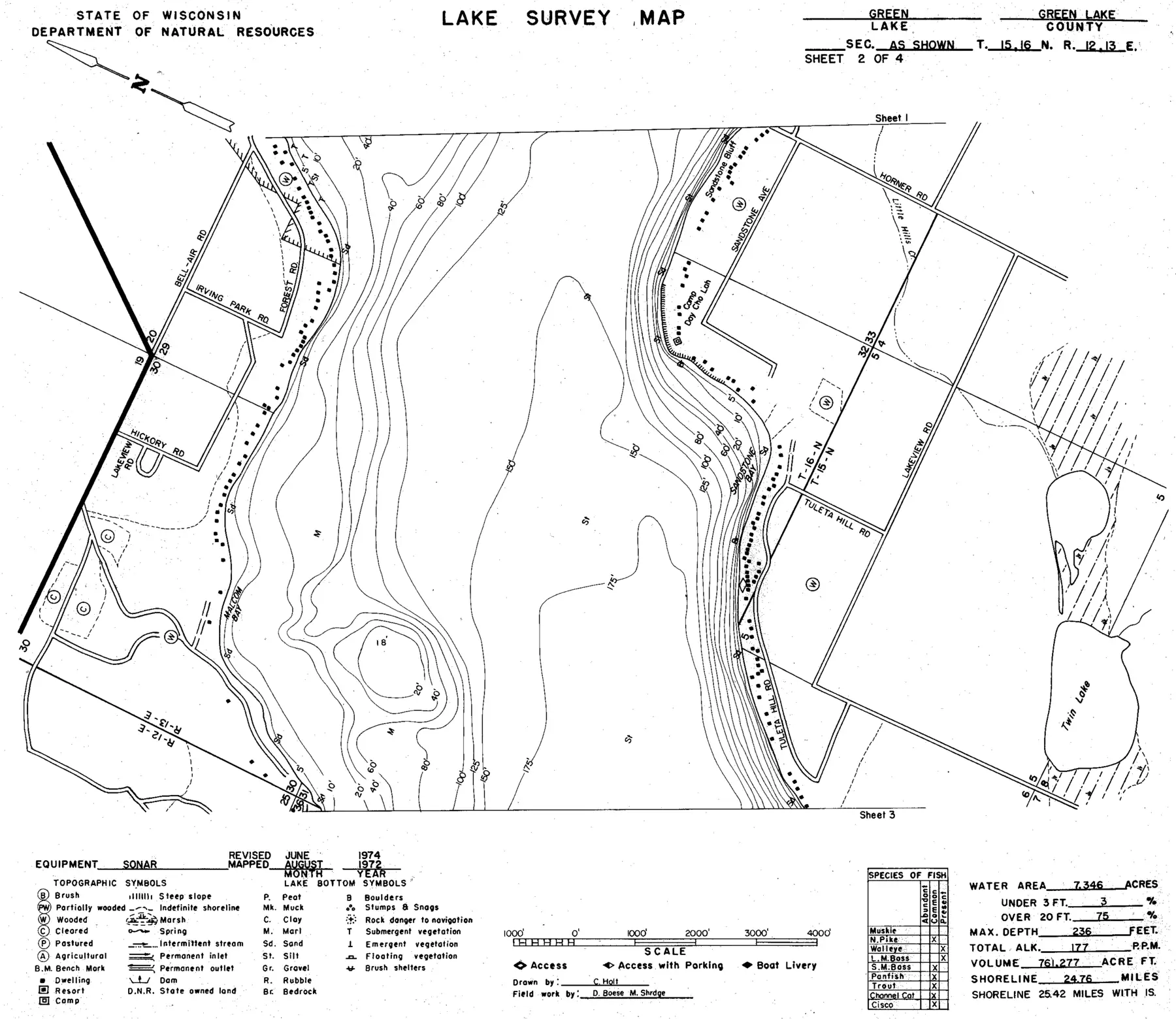 DNR survey map of Green Lake, sheet 2 of 4, with depths in feet. Tap to zoom.