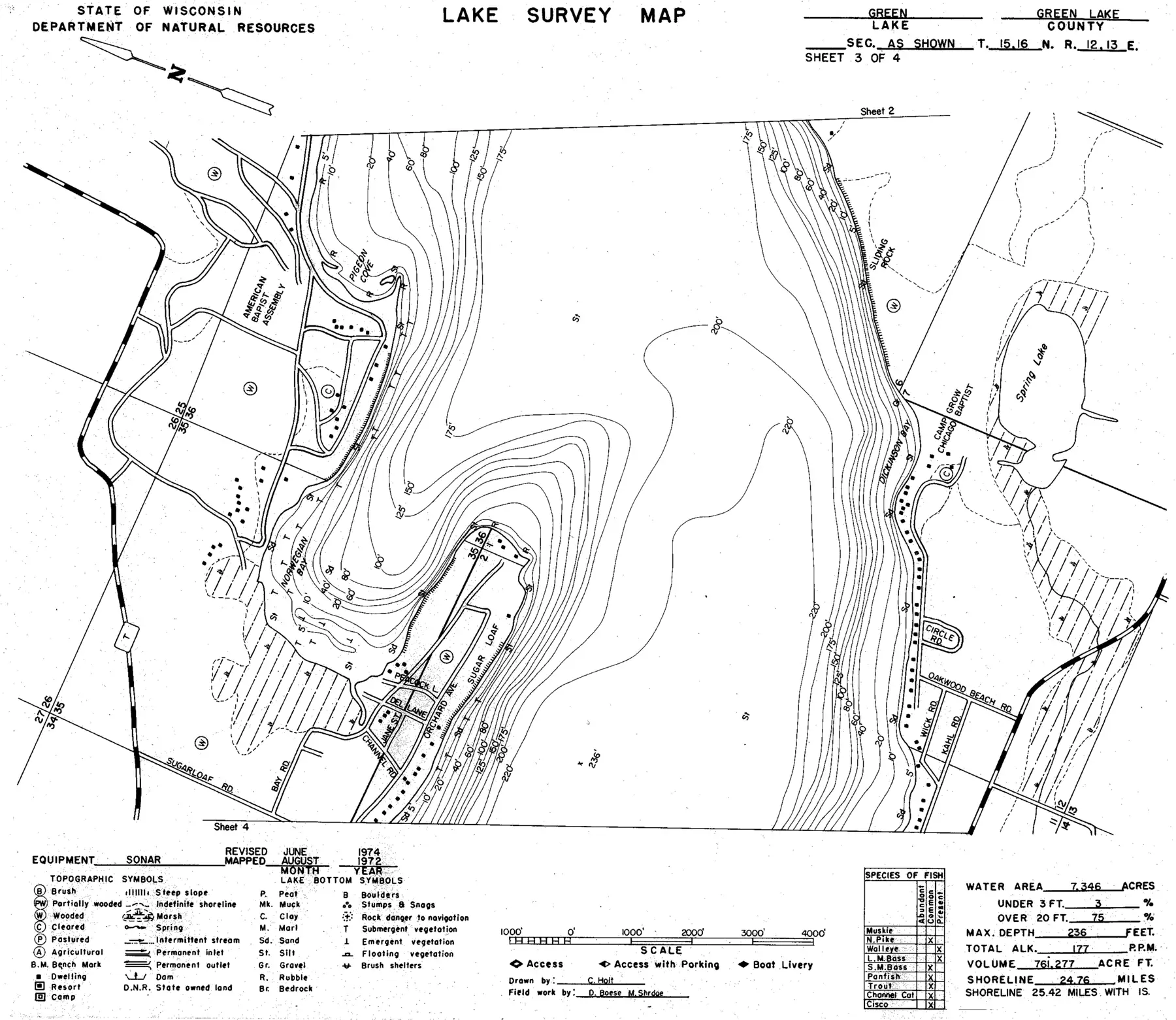 DNR survey map of Green Lake, sheet 3 of 4. Tap to zoom.
