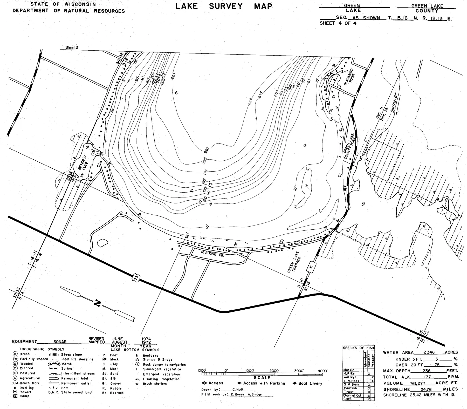 DNR survey map of Green Lake, sheet 4 of 4. Tap to zoom.