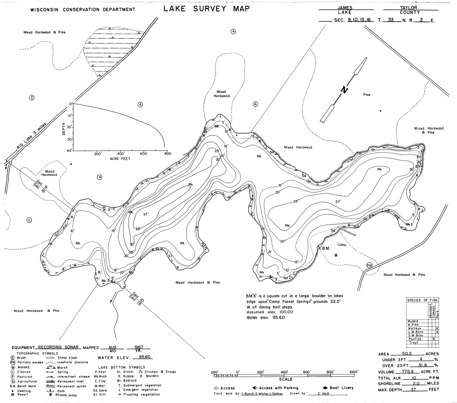 DNR survey map of James Lake, with depths in feet. Tap to zoom.