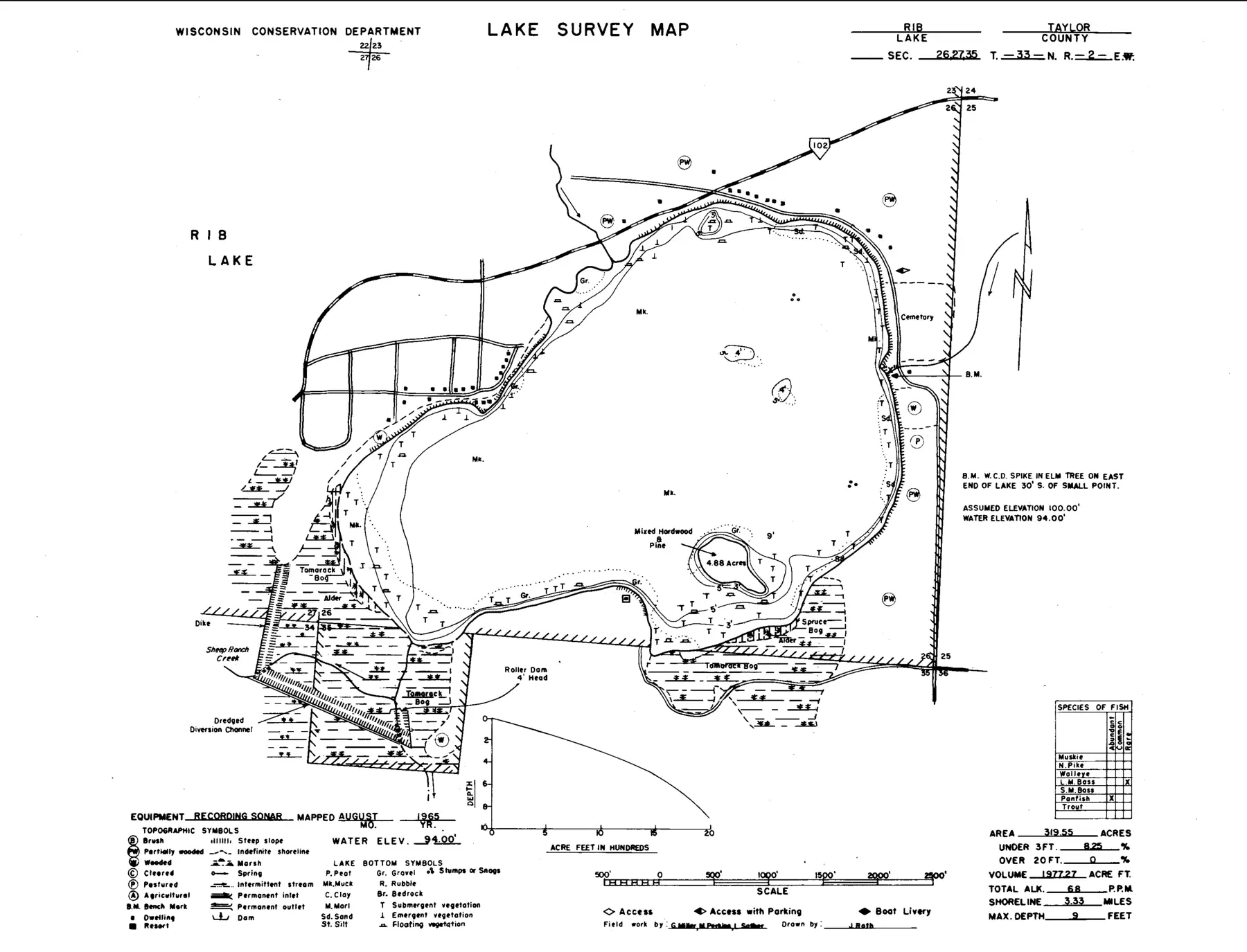 DNR survey map of Rib Lake, with depths in feet. Tap to zoom.