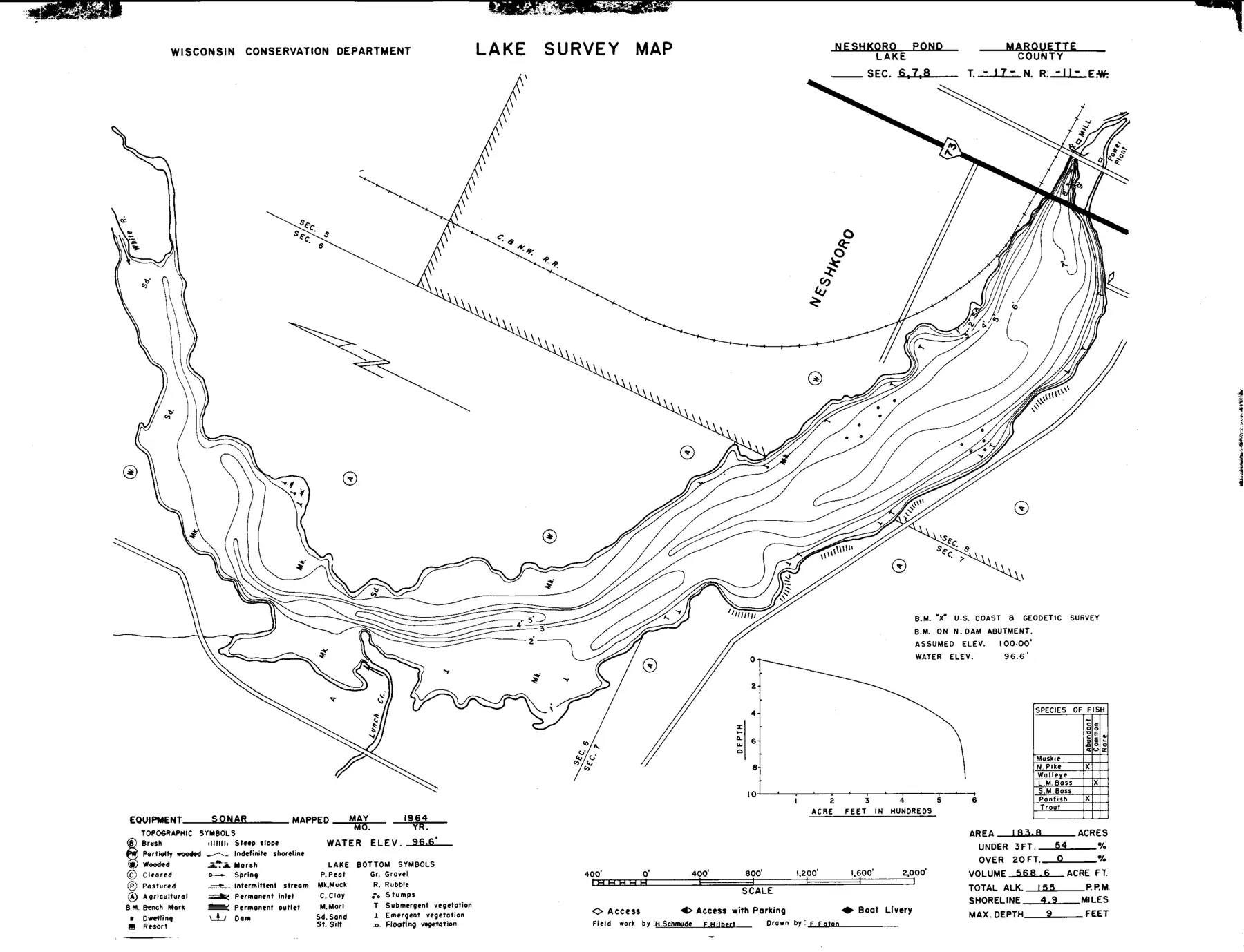 DNR survey map of Neshkoro Millpond, with depths in feet. Tap to zoom.