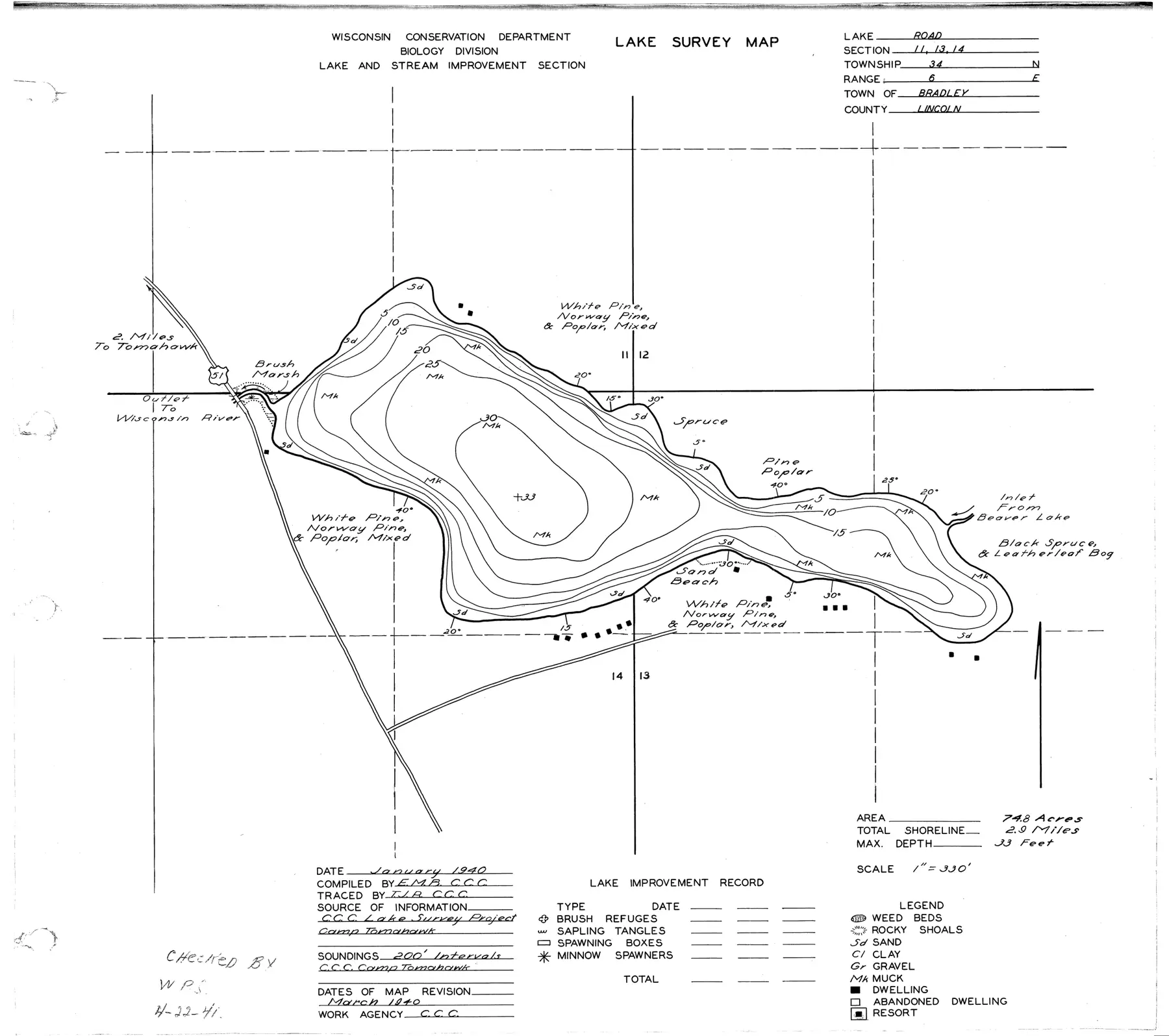 DNR survey map of Road Lake, with depths in feet. Tap to zoom.