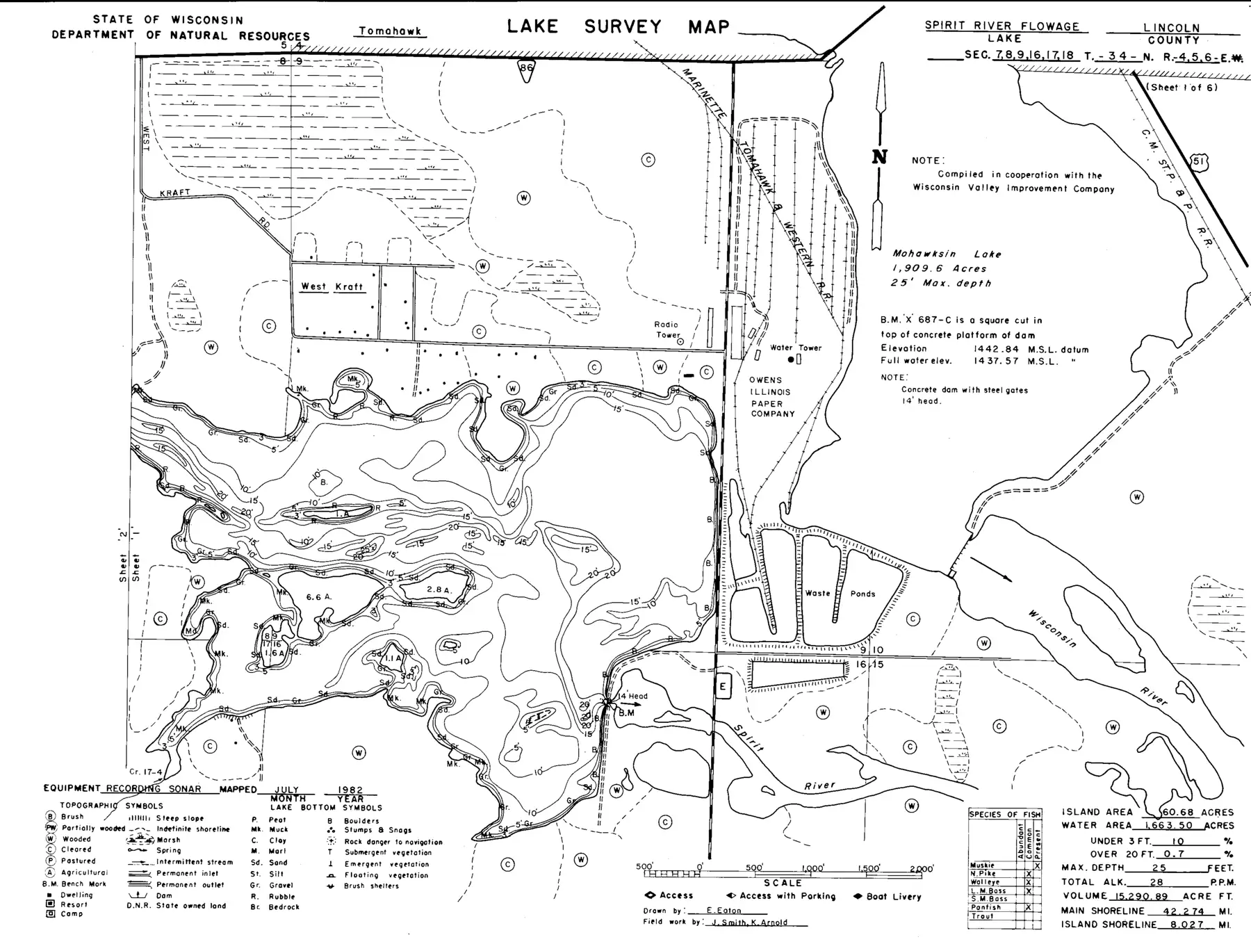 DNR survey map of Spirit River Flowage, sheet 1 of 8, with depths in feet. Tap to zoom.