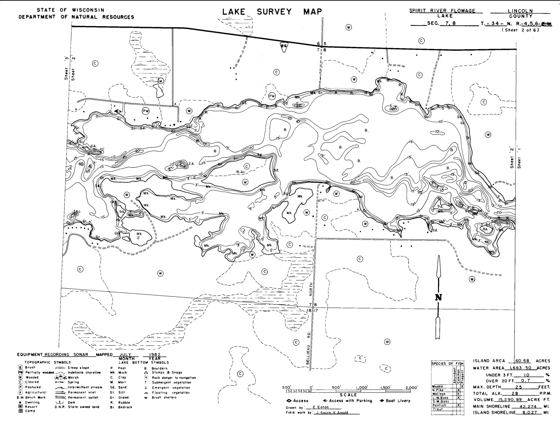 DNR survey map of Spirit River Flowage, sheet 2 of 8, with depths in feet. Tap to zoom.
