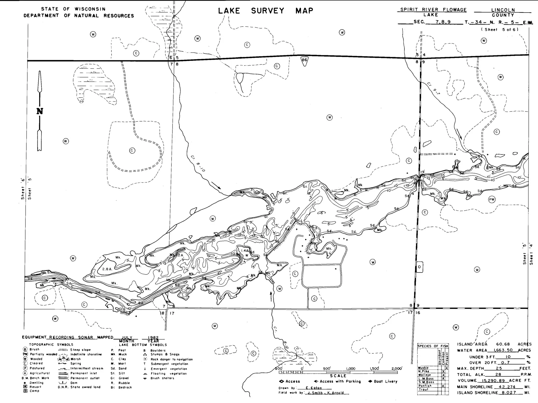 DNR survey map of Spirit River Flowage, sheet 5 of 8. Tap to zoom.