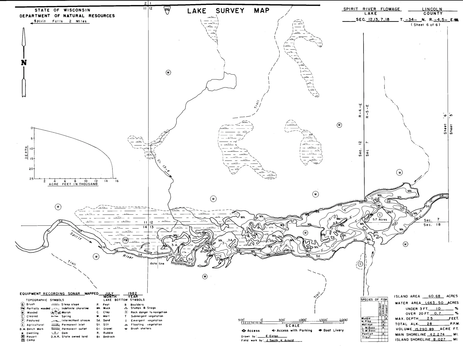DNR survey map of Spirit River Flowage, sheet 6 of 8. Tap to zoom.