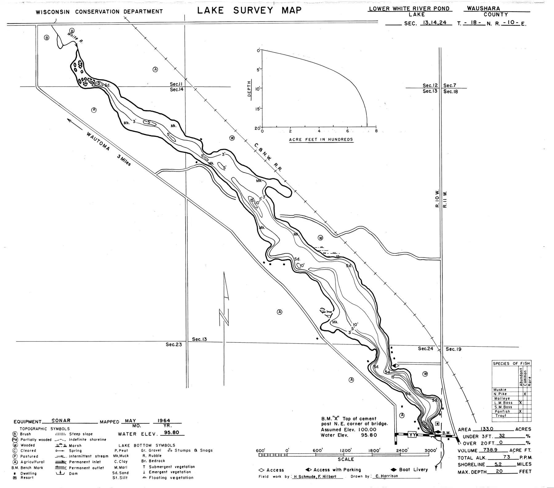 DNR survey map of White River Fl (Lower Pond), with depths in feet. Tap to zoom.