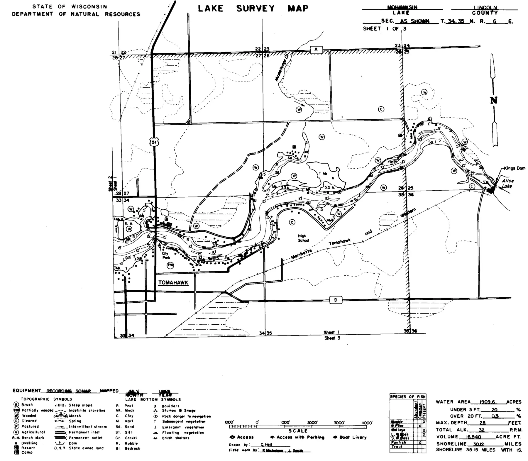 DNR survey map of Lake Mohawksin, sheet 1 of 3, with depths in feet. Tap to zoom.