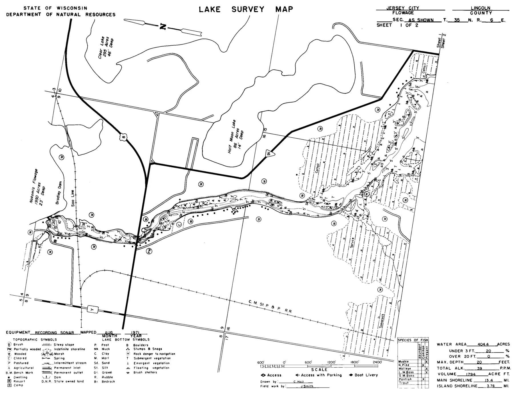 DNR survey map of Jersey City Flowage, sheet 1 of 2, with depths in feet. Tap to zoom.