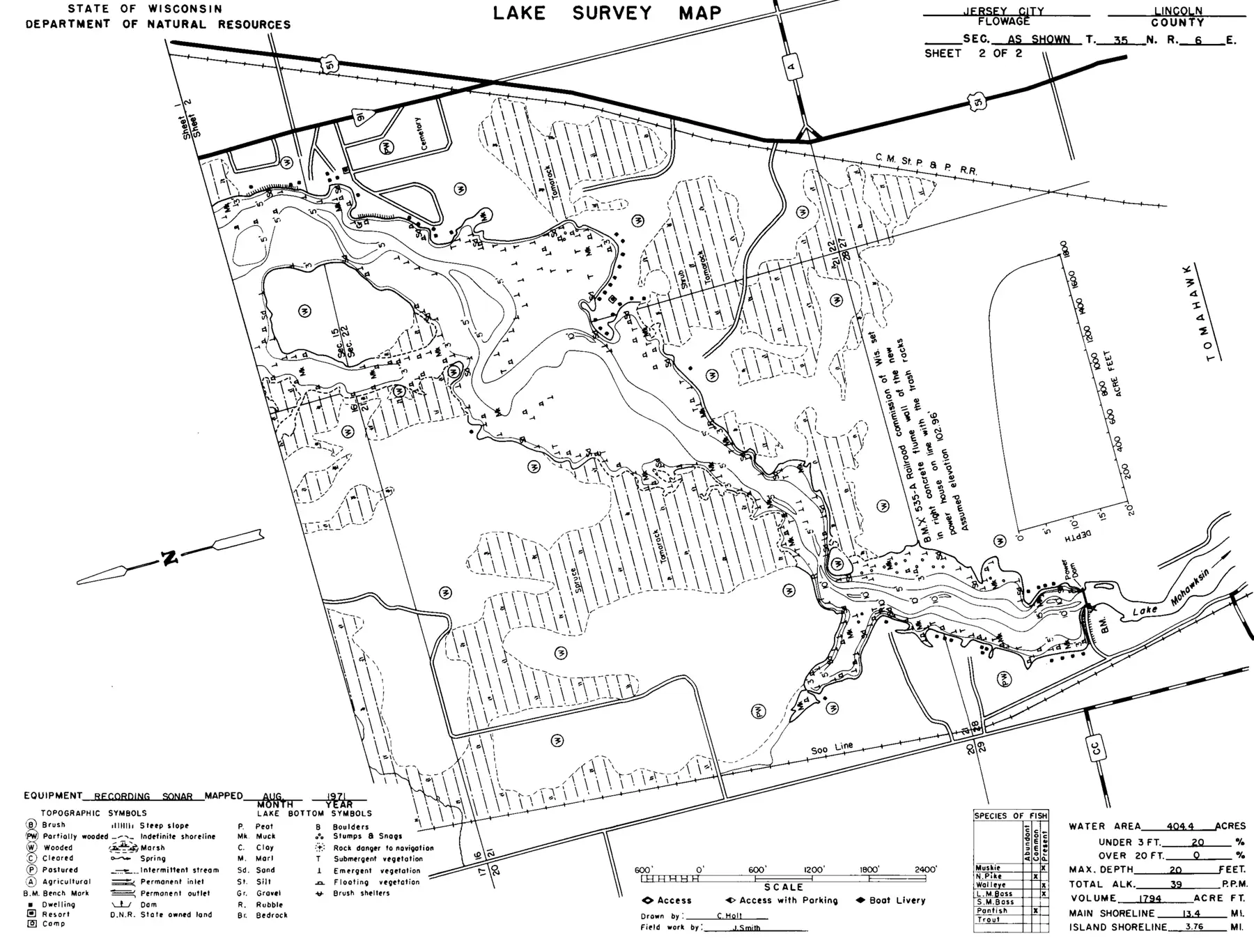 DNR survey map of Jersey City Flowage, sheet 2 of 2, with depths in feet. Tap to zoom.