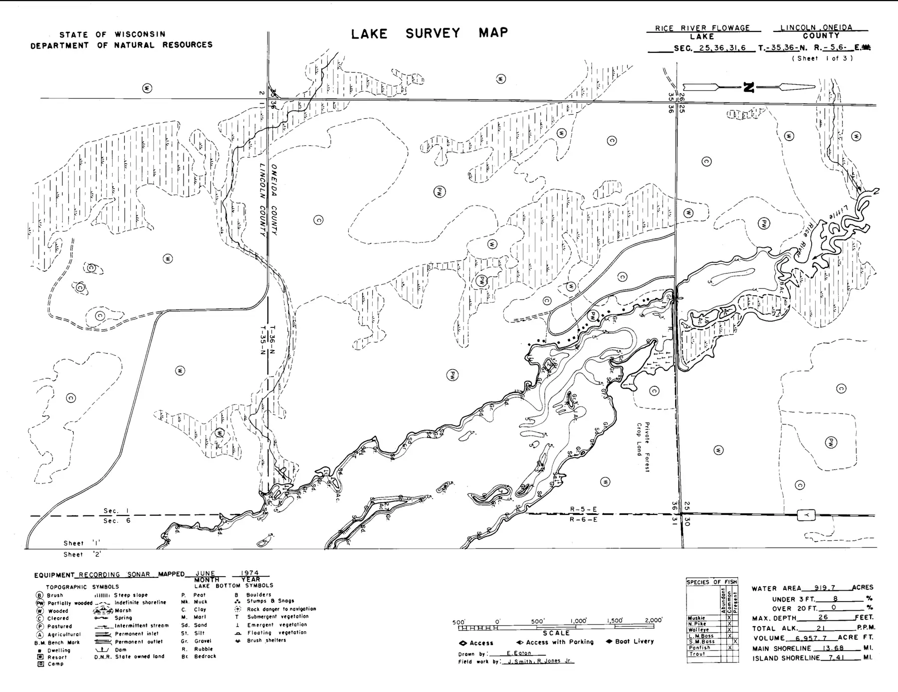 DNR survey map of Rice River Flowage*(Nokomis), sheet 1 of 3, with depths in feet. Tap to zoom.