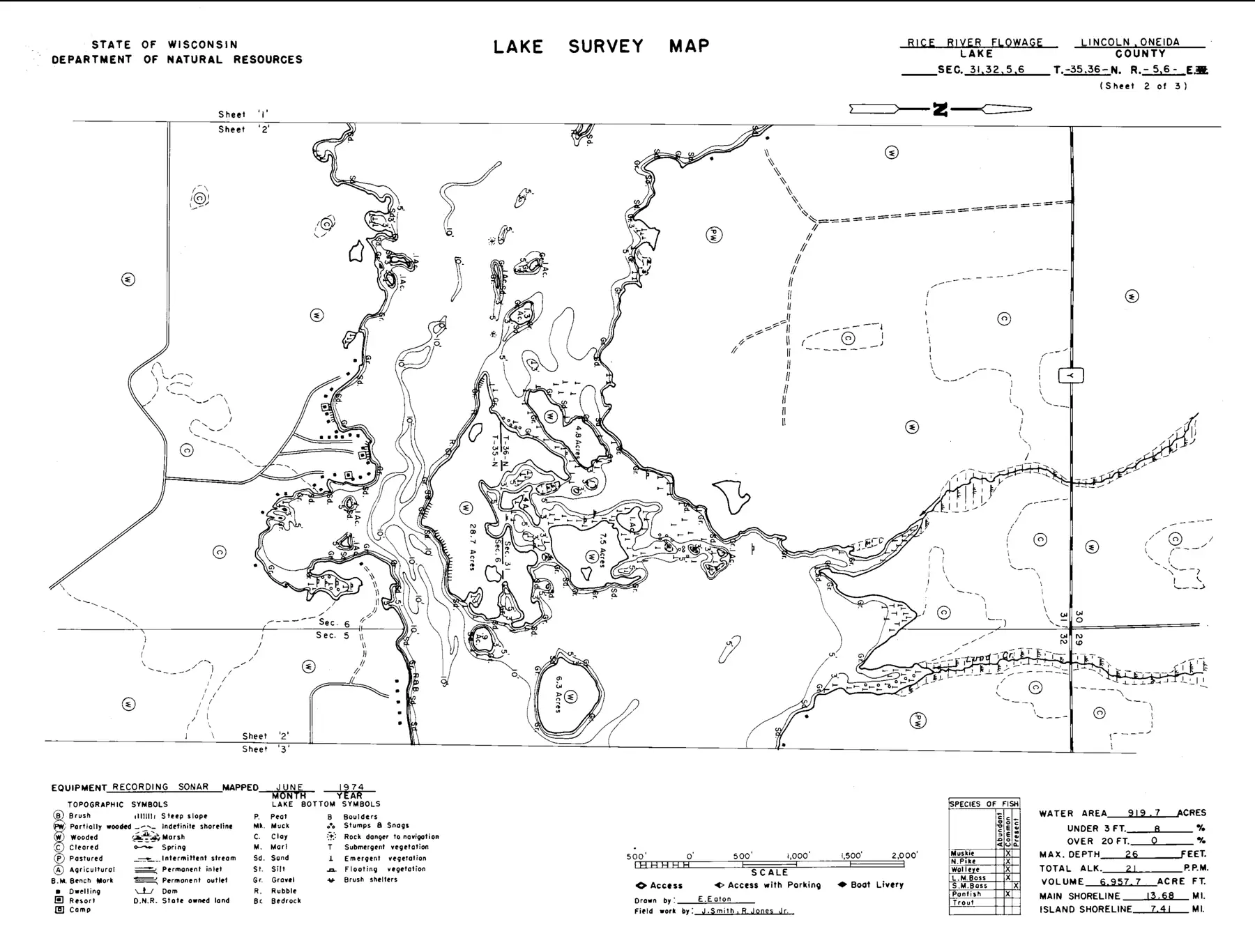 DNR survey map of Rice River Flowage*(Nokomis), sheet 2 of 3, with depths in feet. Tap to zoom.