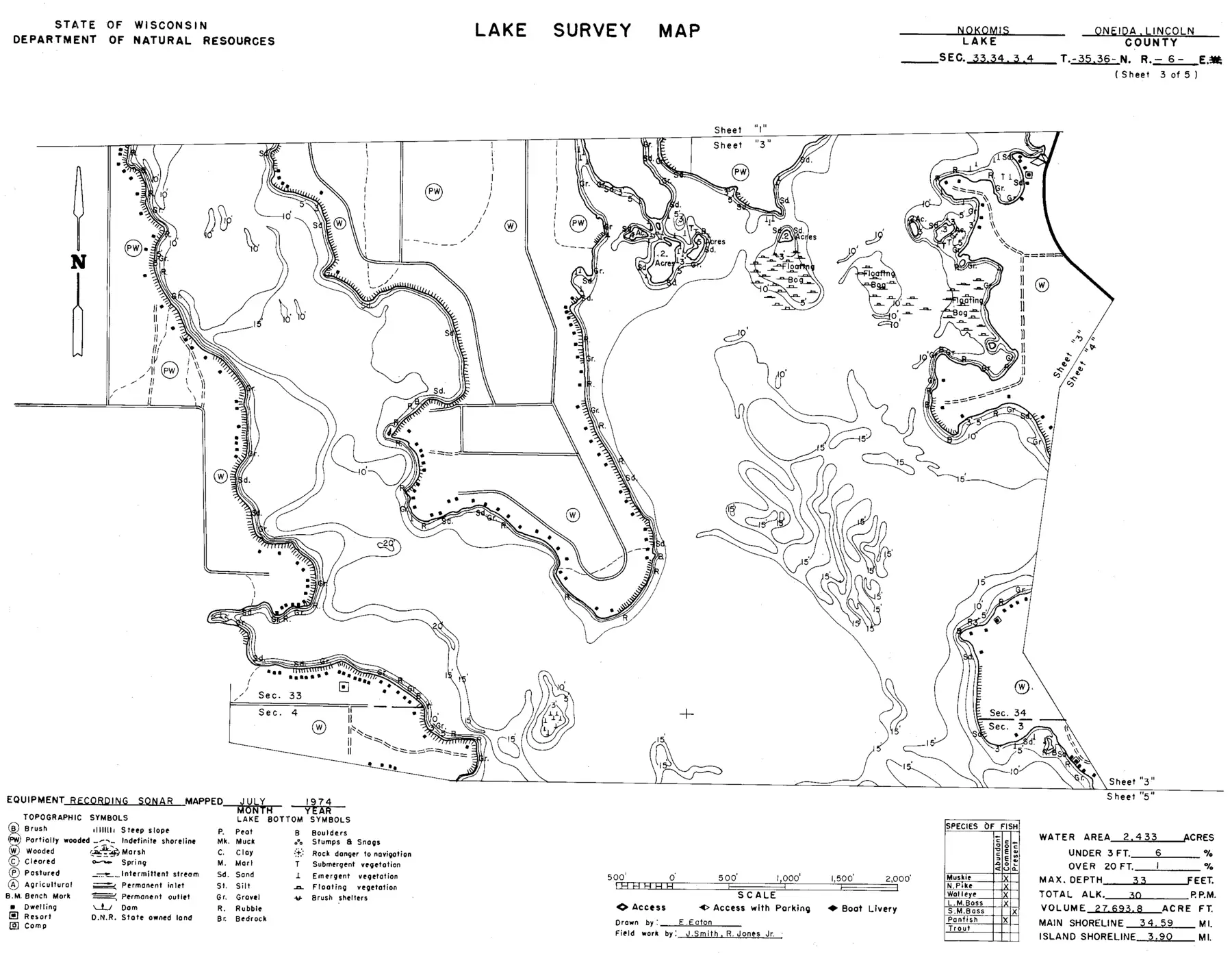 DNR survey map of Lake Nokomis, sheet 3 of 5. Tap to zoom.