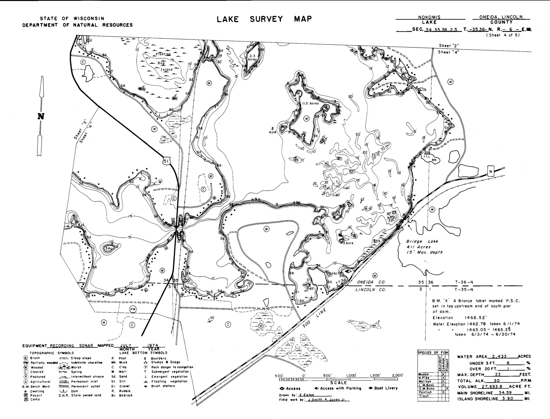 DNR survey map of Lake Nokomis, sheet 4 of 5. Tap to zoom.