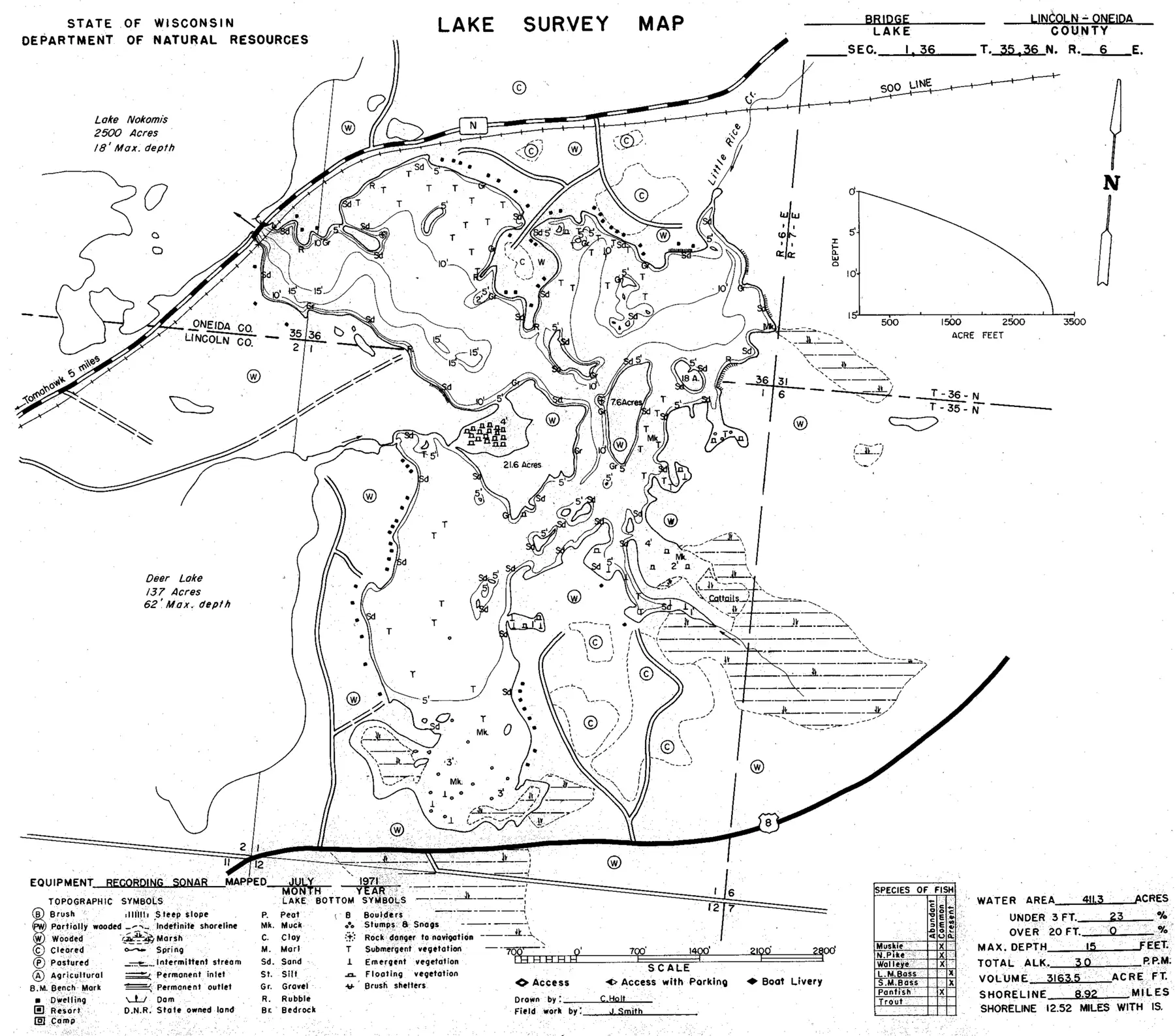 DNR survey map of Bridge Lake, with depths in feet. Tap to zoom.