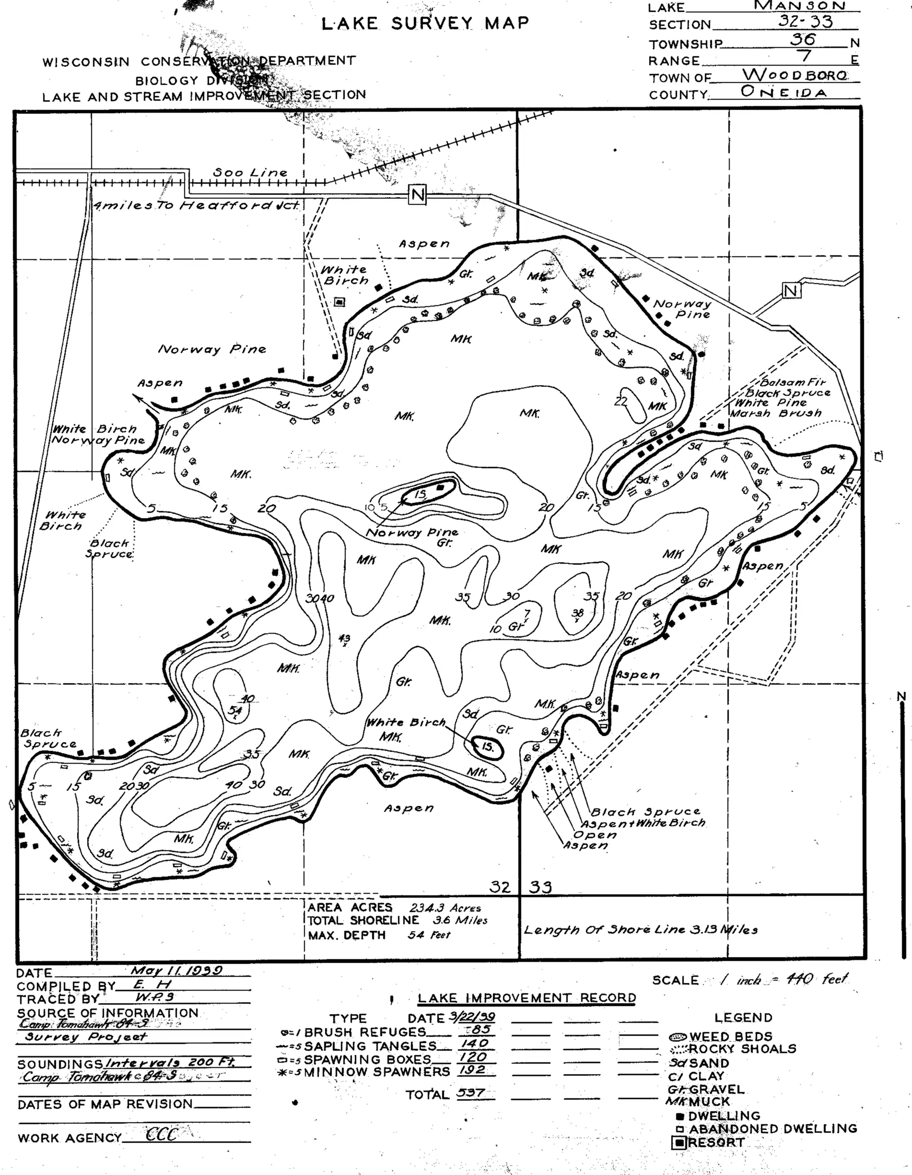 DNR survey map of Manson Lake, with depths in feet. Tap to zoom.