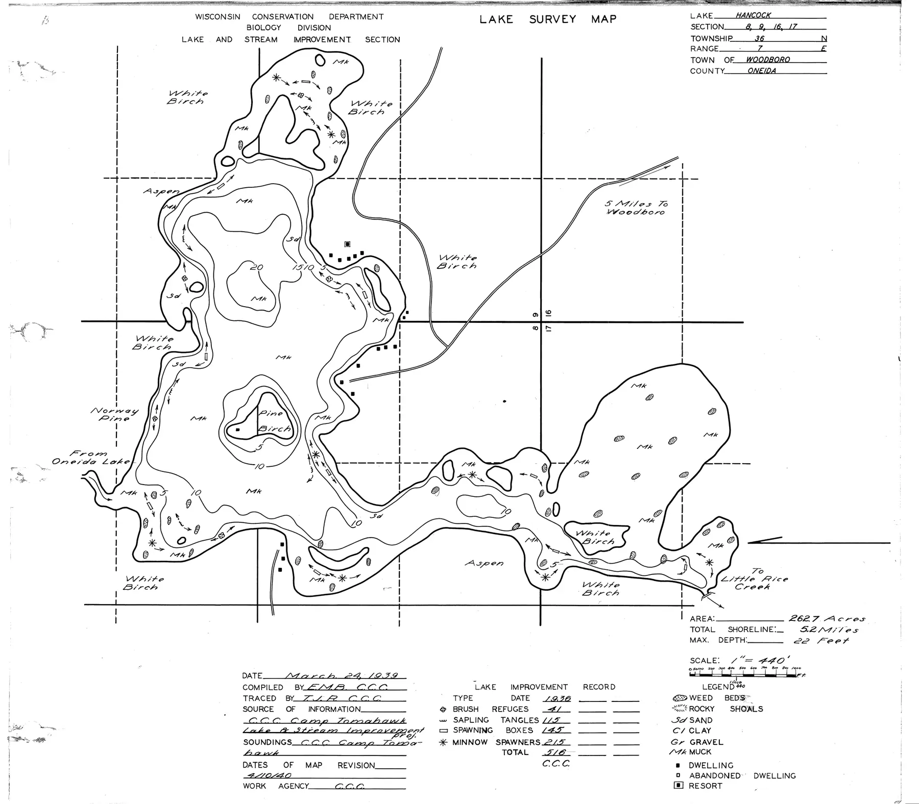 DNR survey map of Hancock Lake, with depths in feet. Tap to zoom.