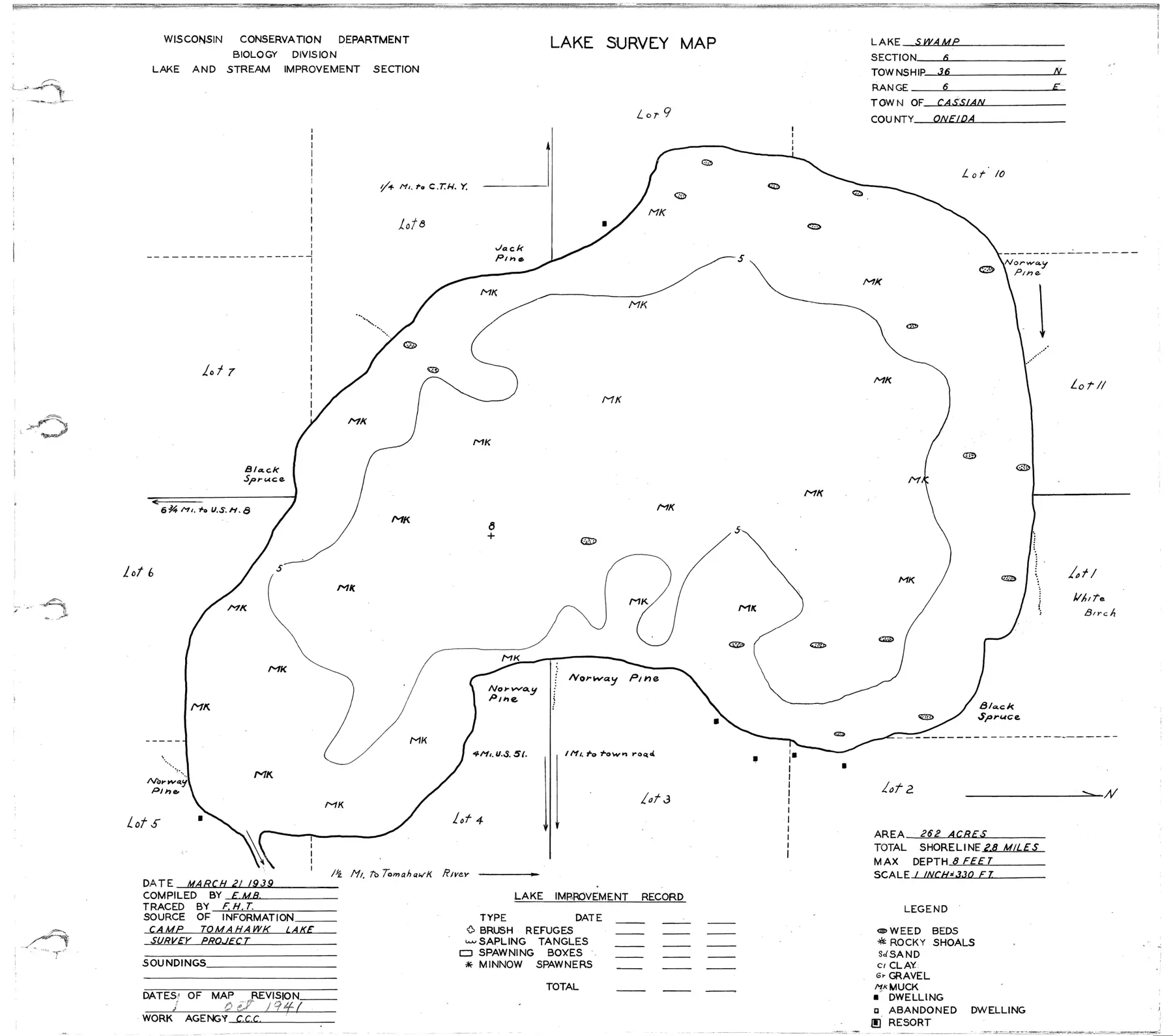 DNR survey map of Swamp Lake, with depths in feet. Tap to zoom.