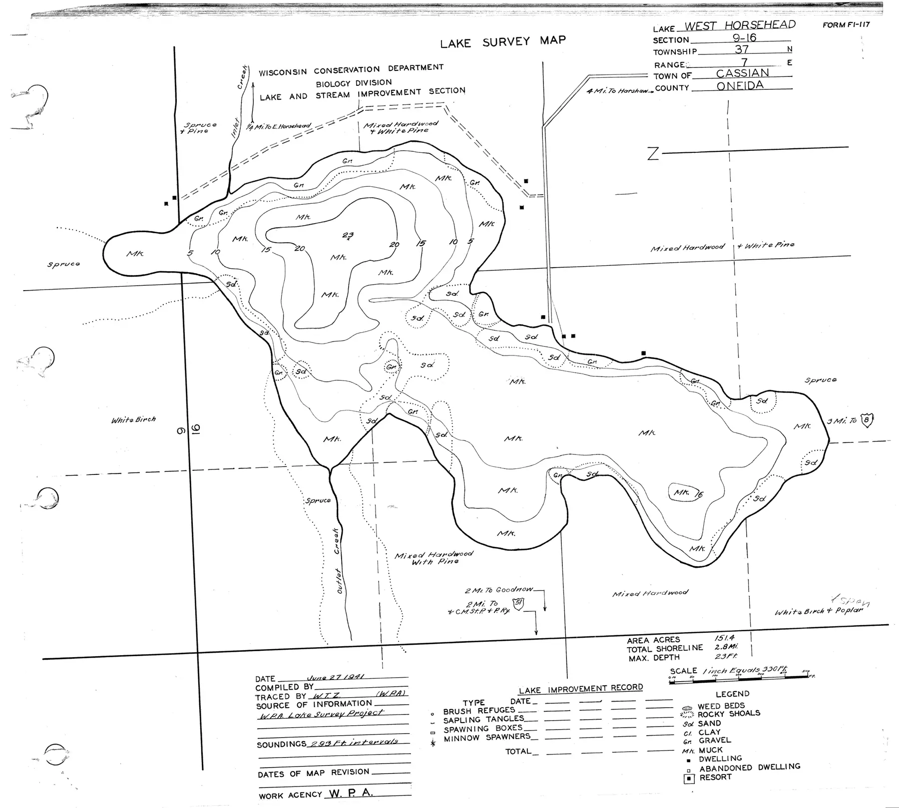 DNR survey map of West Horsehead Lake, with depths in feet. Tap to zoom.